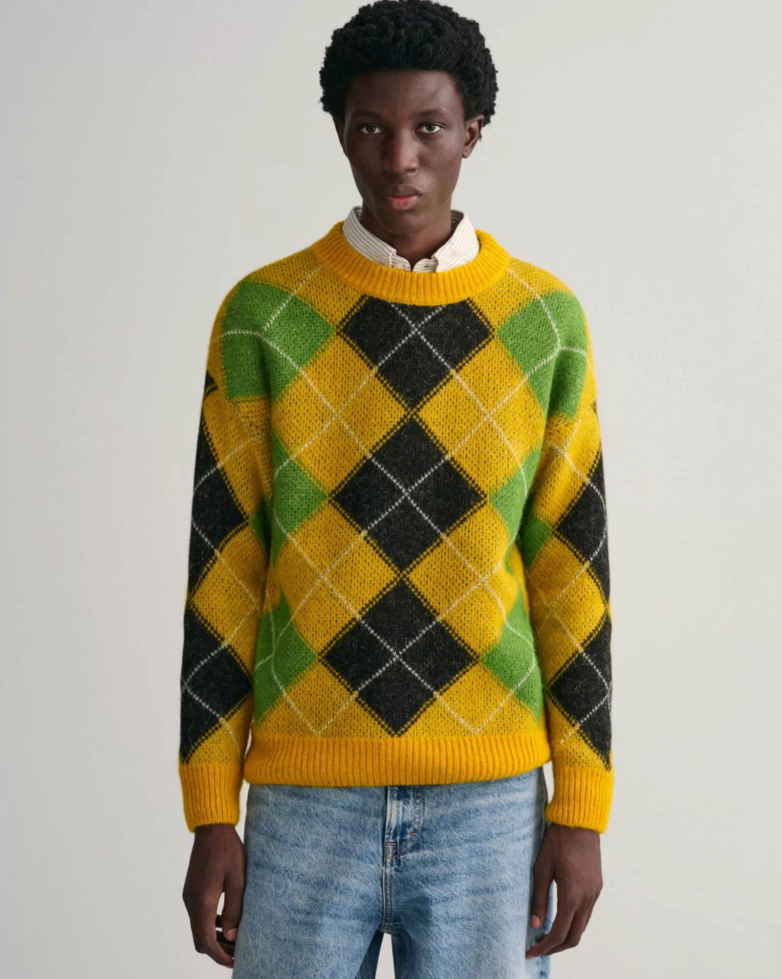 Men GANT Knitwear*Furry Argyle Crew Neck Sweater SUNFLOWER YELLOW