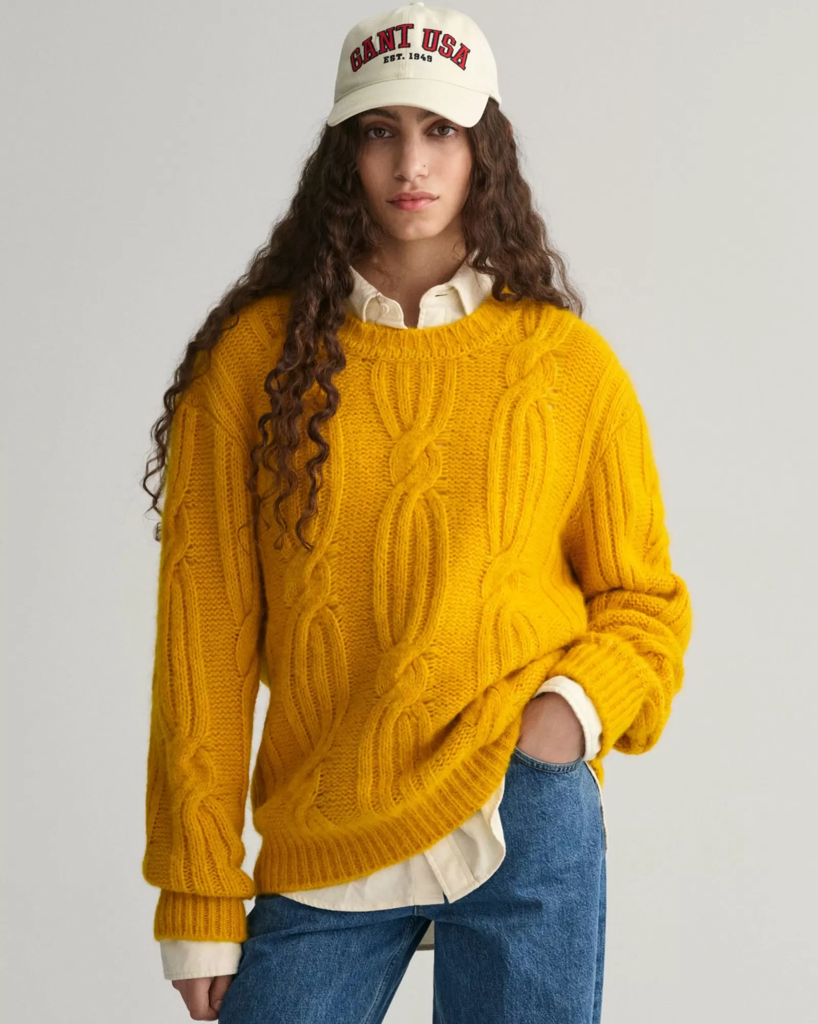 Women GANT Knitwear*Furry Cable Knit Crew Neck Sweater SUNFLOWER YELLOW