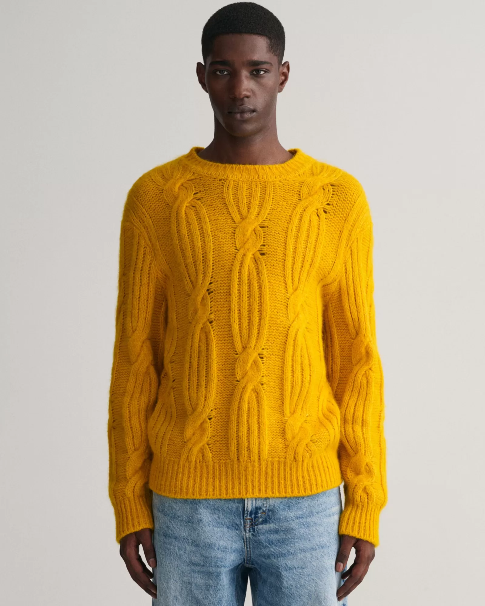 Men GANT Knitwear*Furry Cable Knit Crew Neck Sweater SUNFLOWER YELLOW