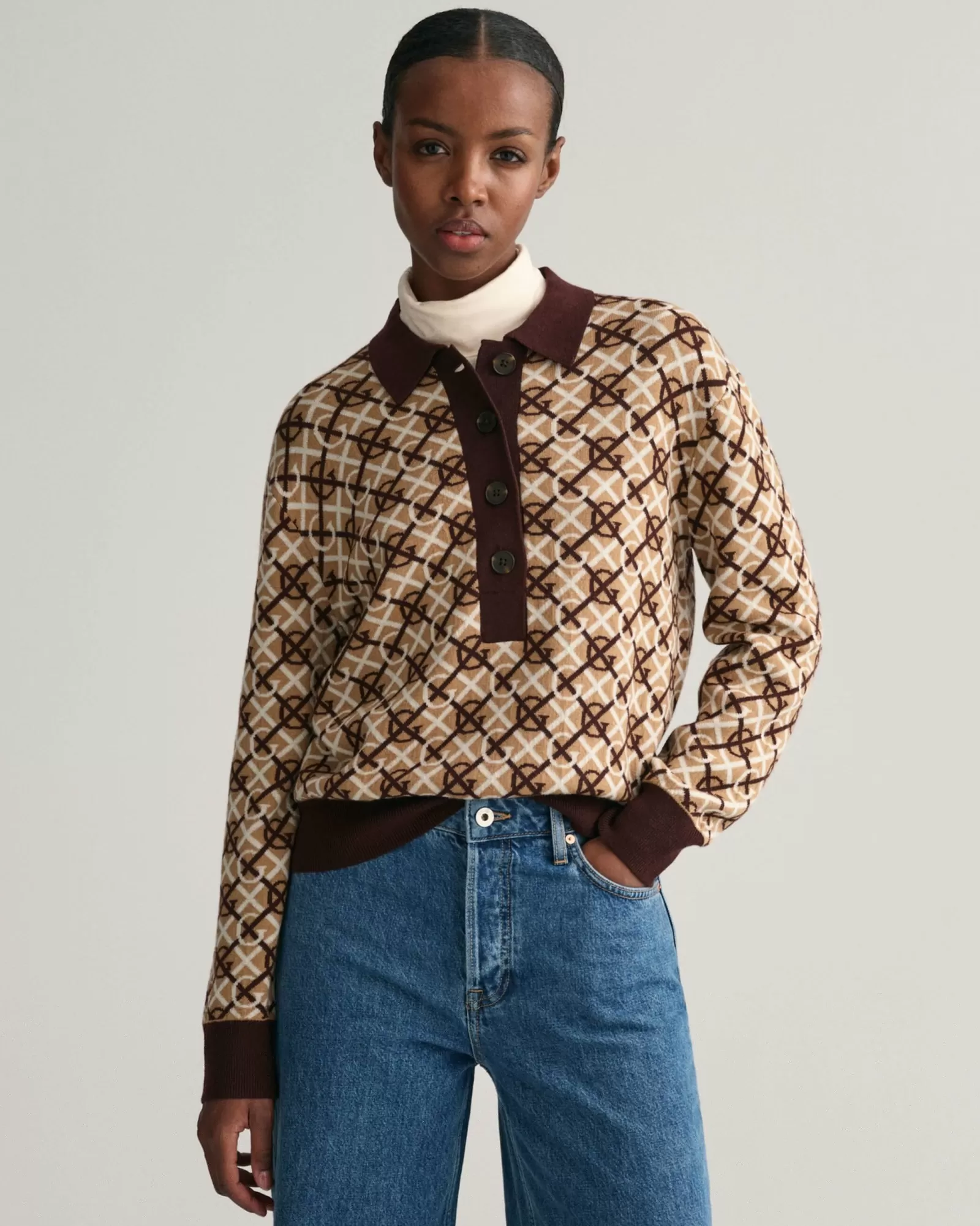 Women GANT Knitwear | Polos & Ruggers*G Patterned Jacquard Knitted Polo Sweater DARK MAHOGANY