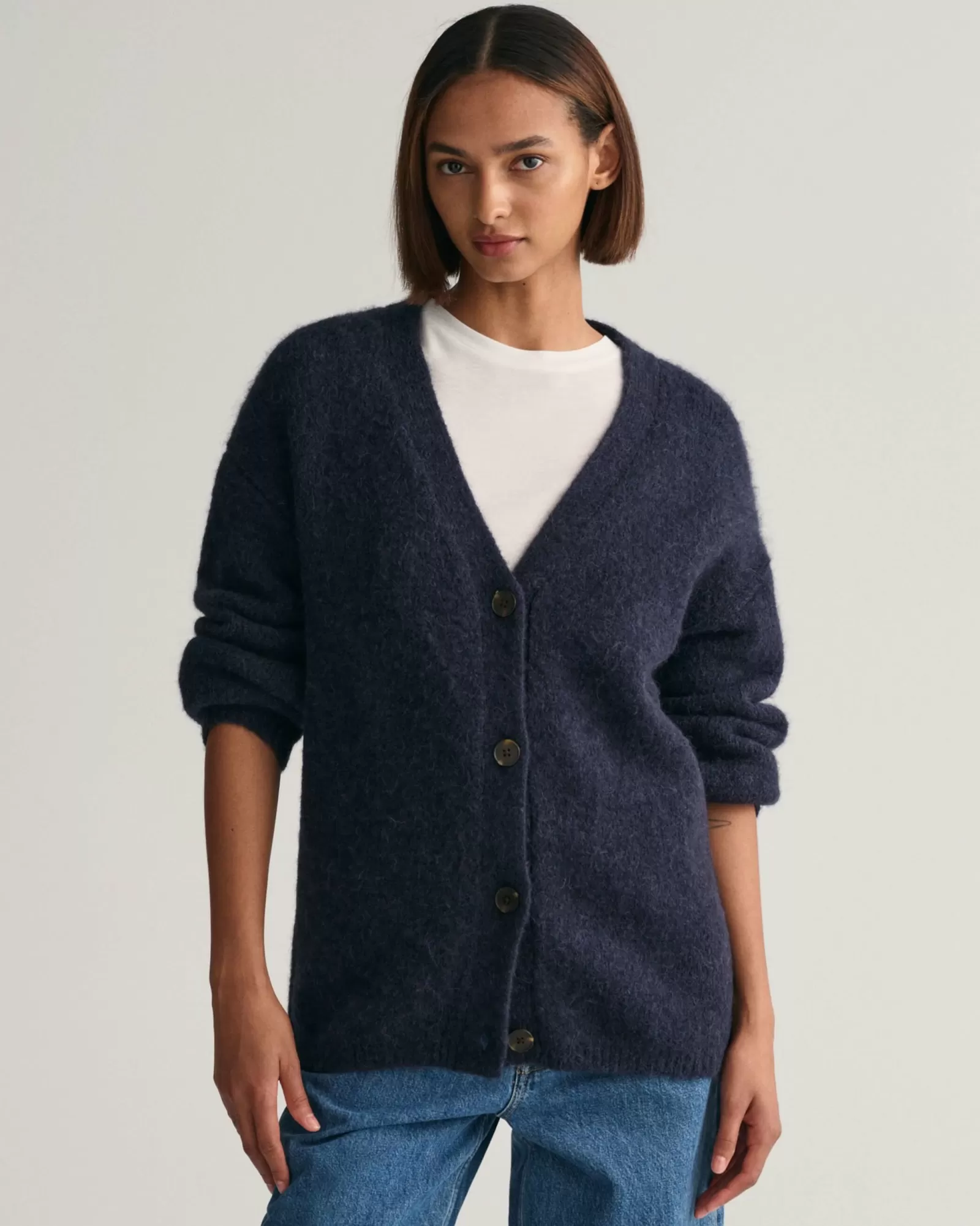 Women GANT Knitwear*Hairy Textured V-Neck Cardigan EVENING BLUE