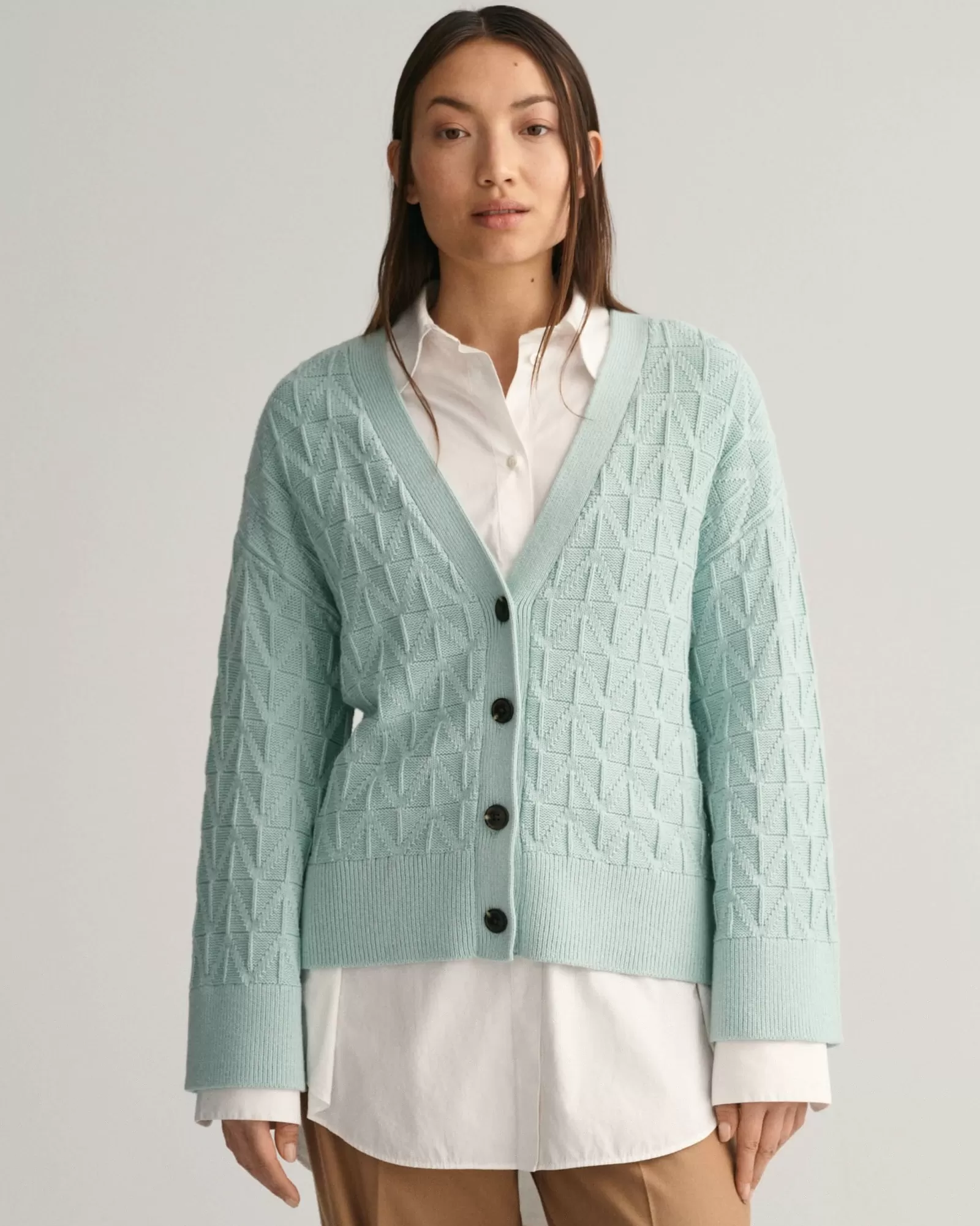 Women GANT Knitwear*Herringbone V-Neck Cardigan DUSTY TURQUOISE