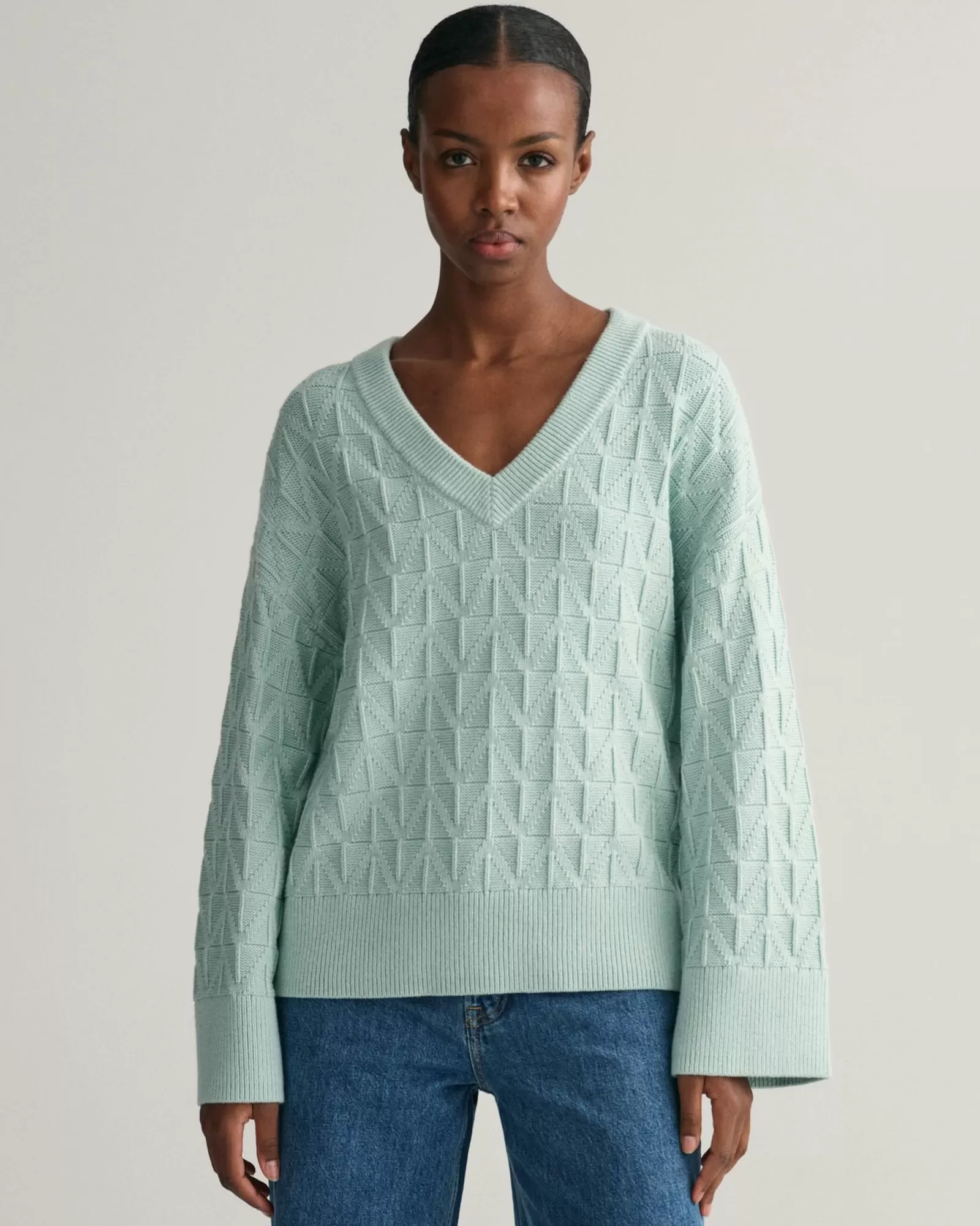 Women GANT Knitwear*Herringbone V-Neck Sweater DUSTY TURQUOISE