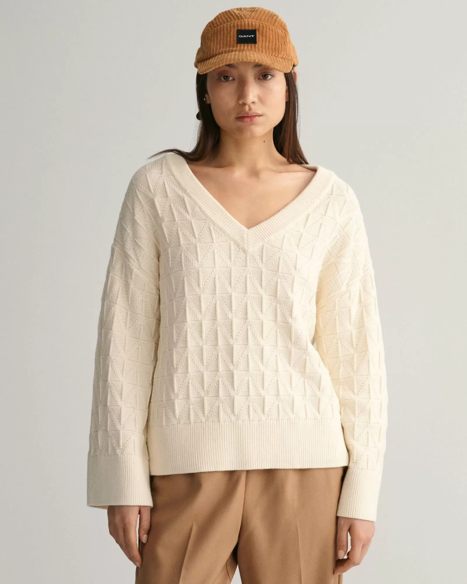 Women GANT Knitwear*Herringbone V-Neck Sweater CREAM