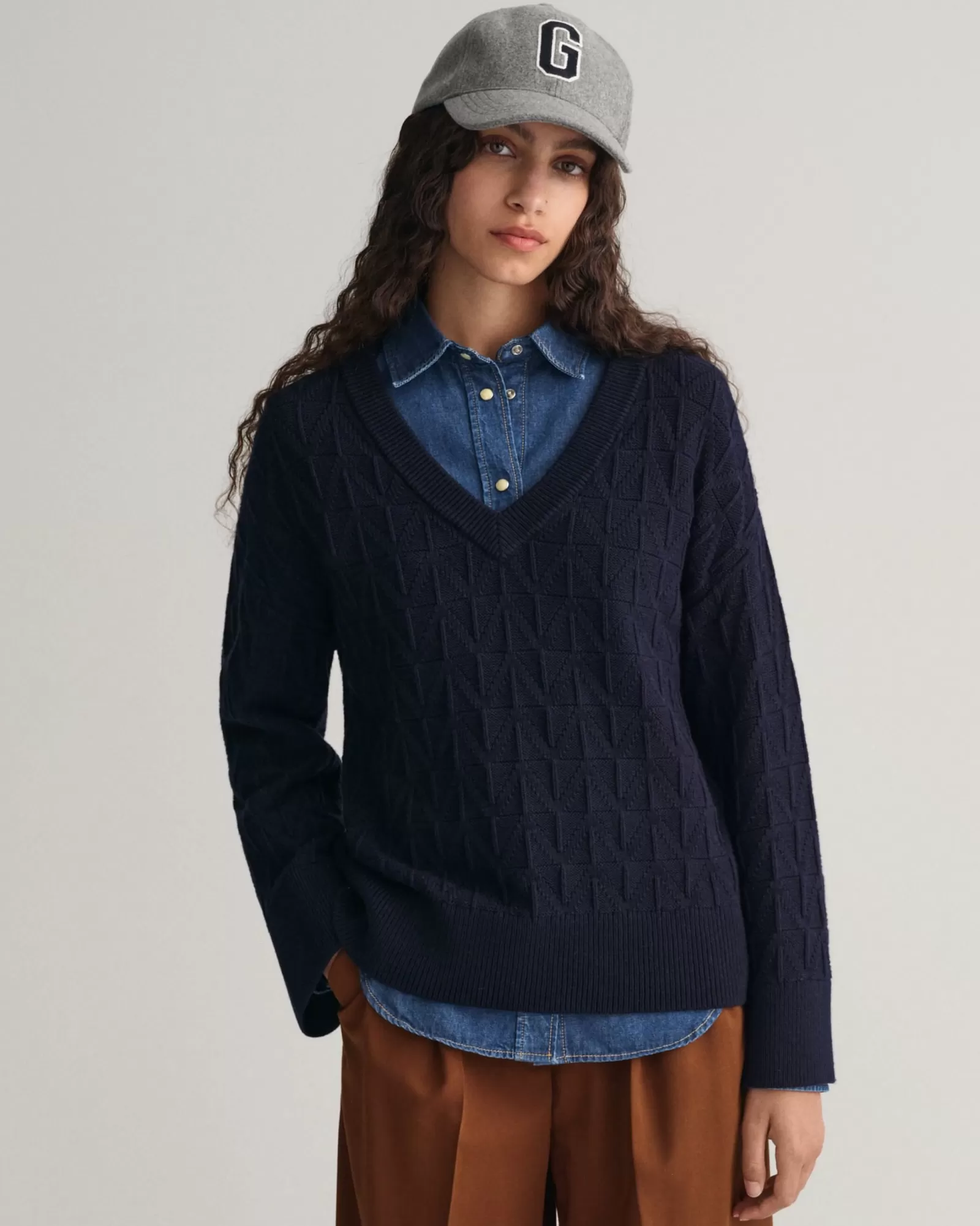 Women GANT Knitwear*Herringbone V-Neck Sweater EVENING BLUE