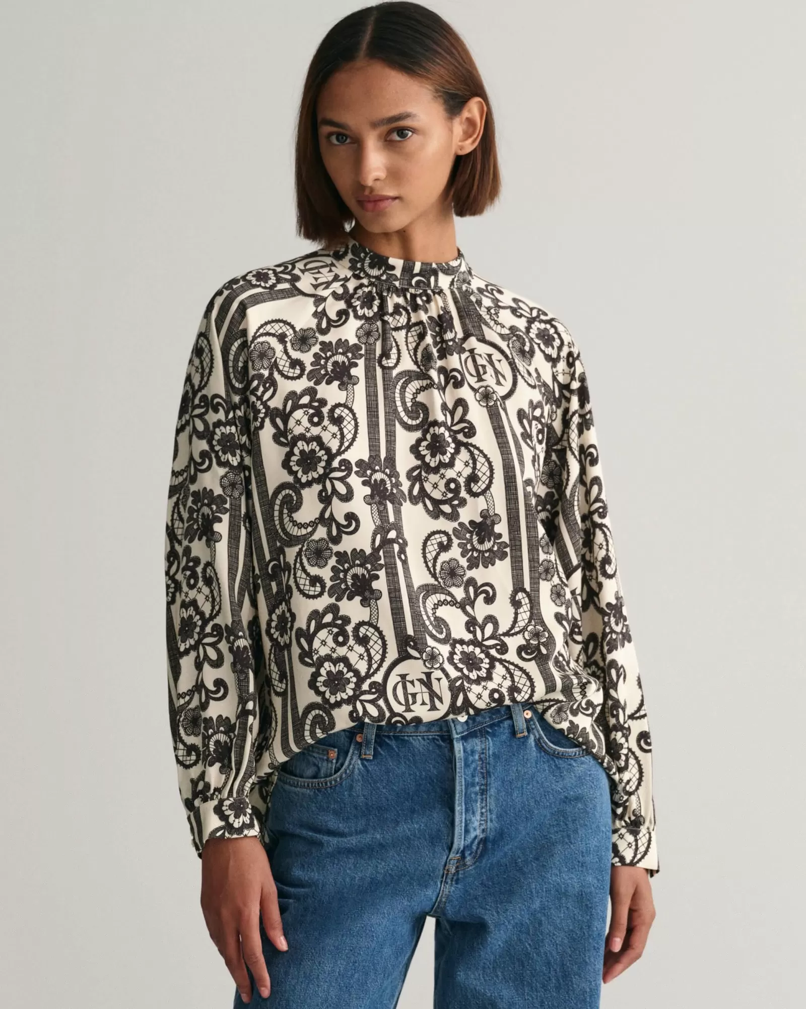 Women GANT Shirts*Lace Print Turtleneck Blouse LINEN