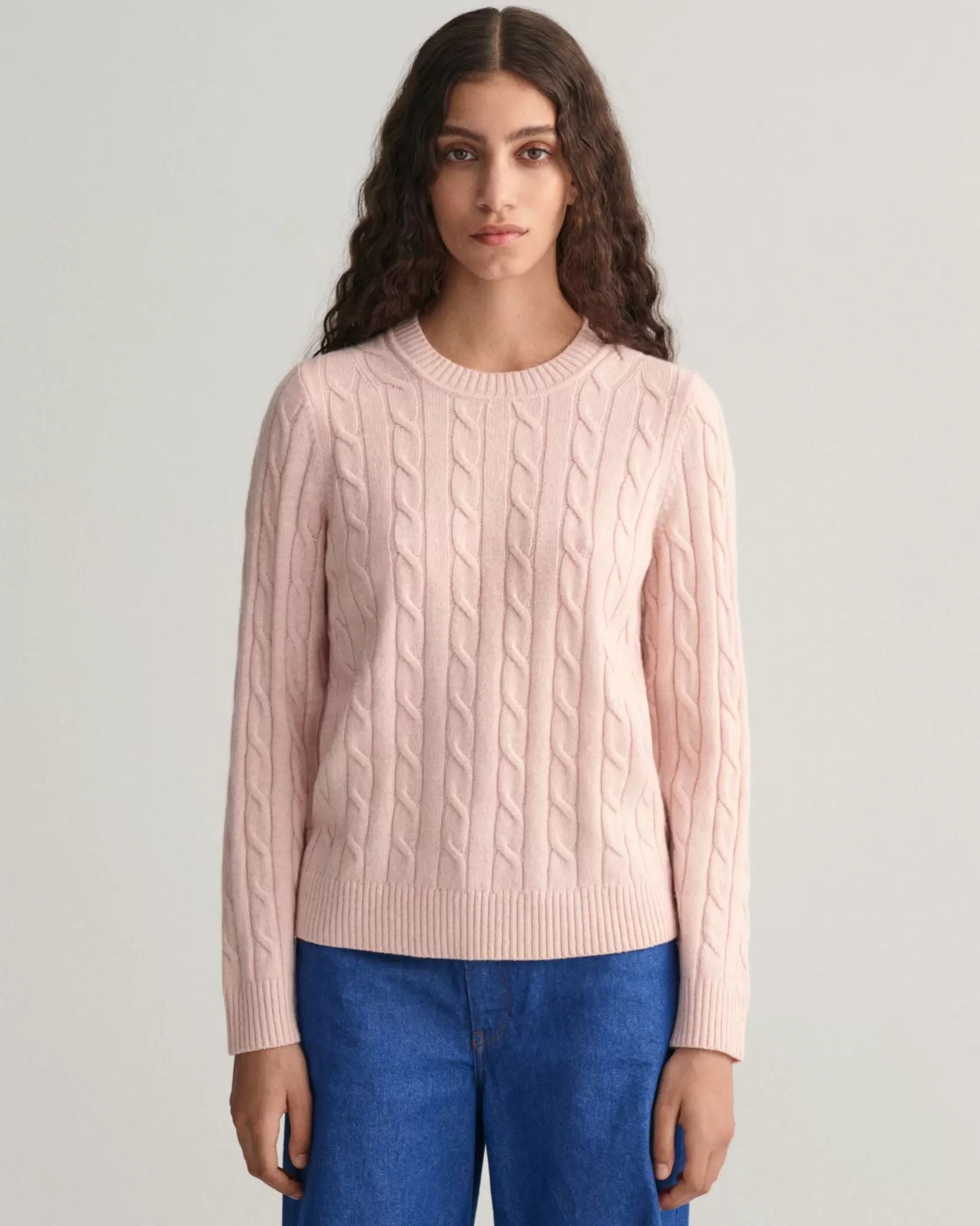 Women GANT Knitwear*Lambswool Cable Knit Crew Neck Sweater FADED PINK