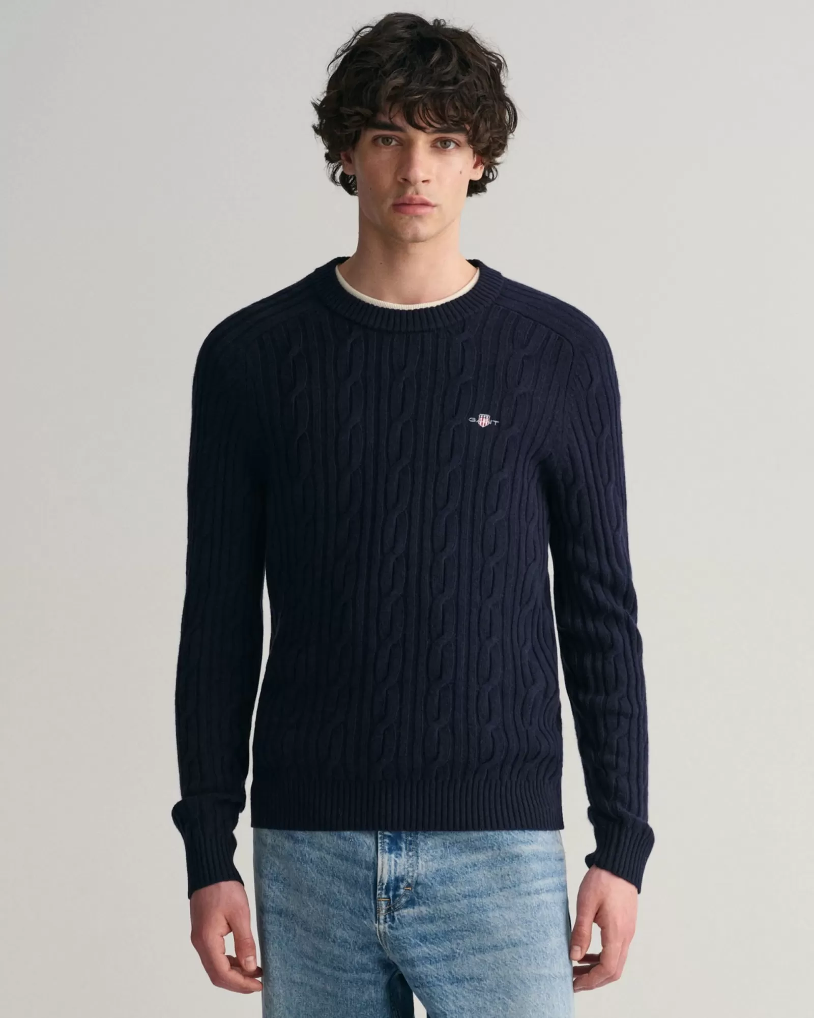 Men GANT Knitwear*Lambswool Cable Knit Crew Neck Sweater EVENING BLUE