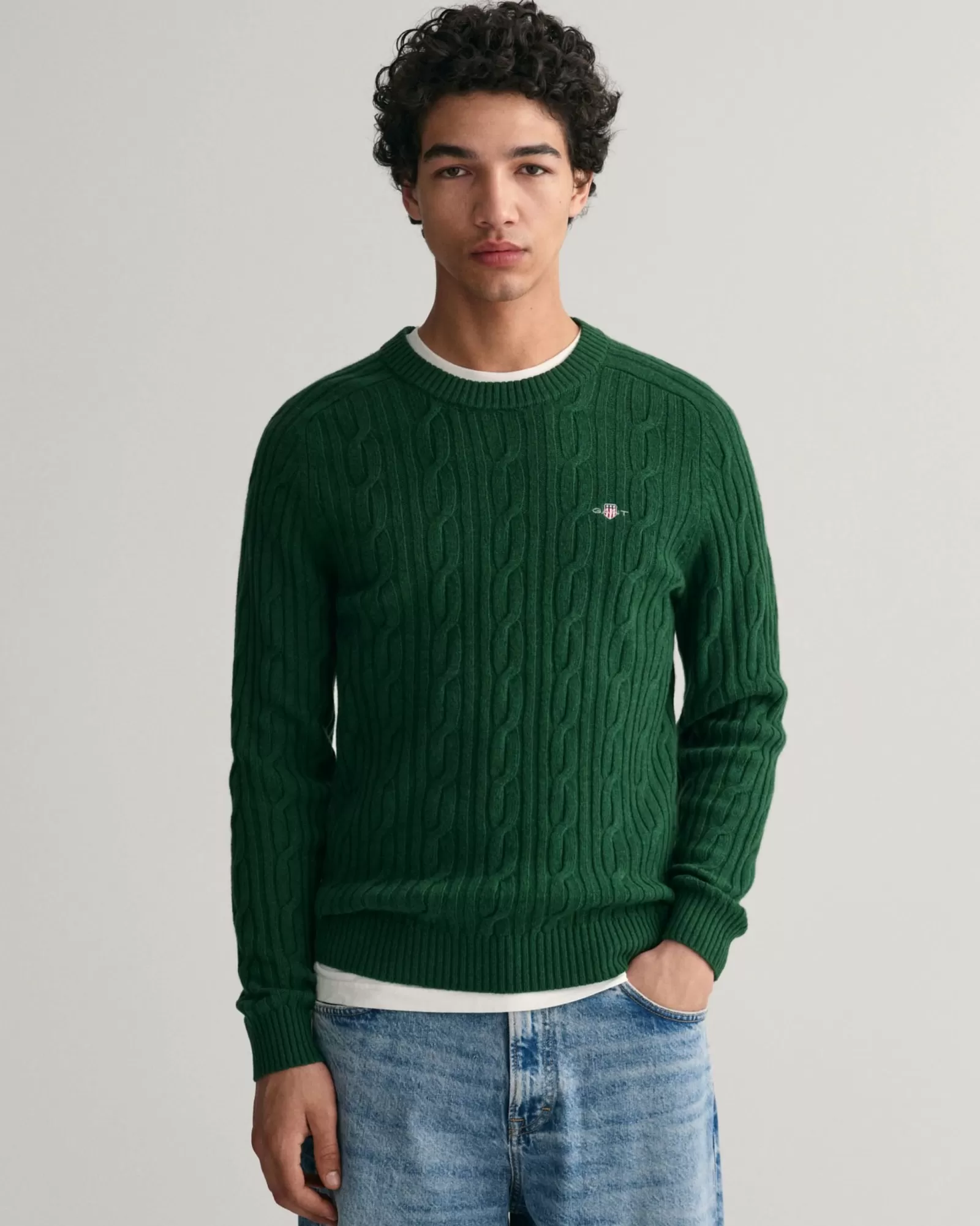 Men GANT Knitwear*Lambswool Cable Knit Crew Neck Sweater FOREST GREEN