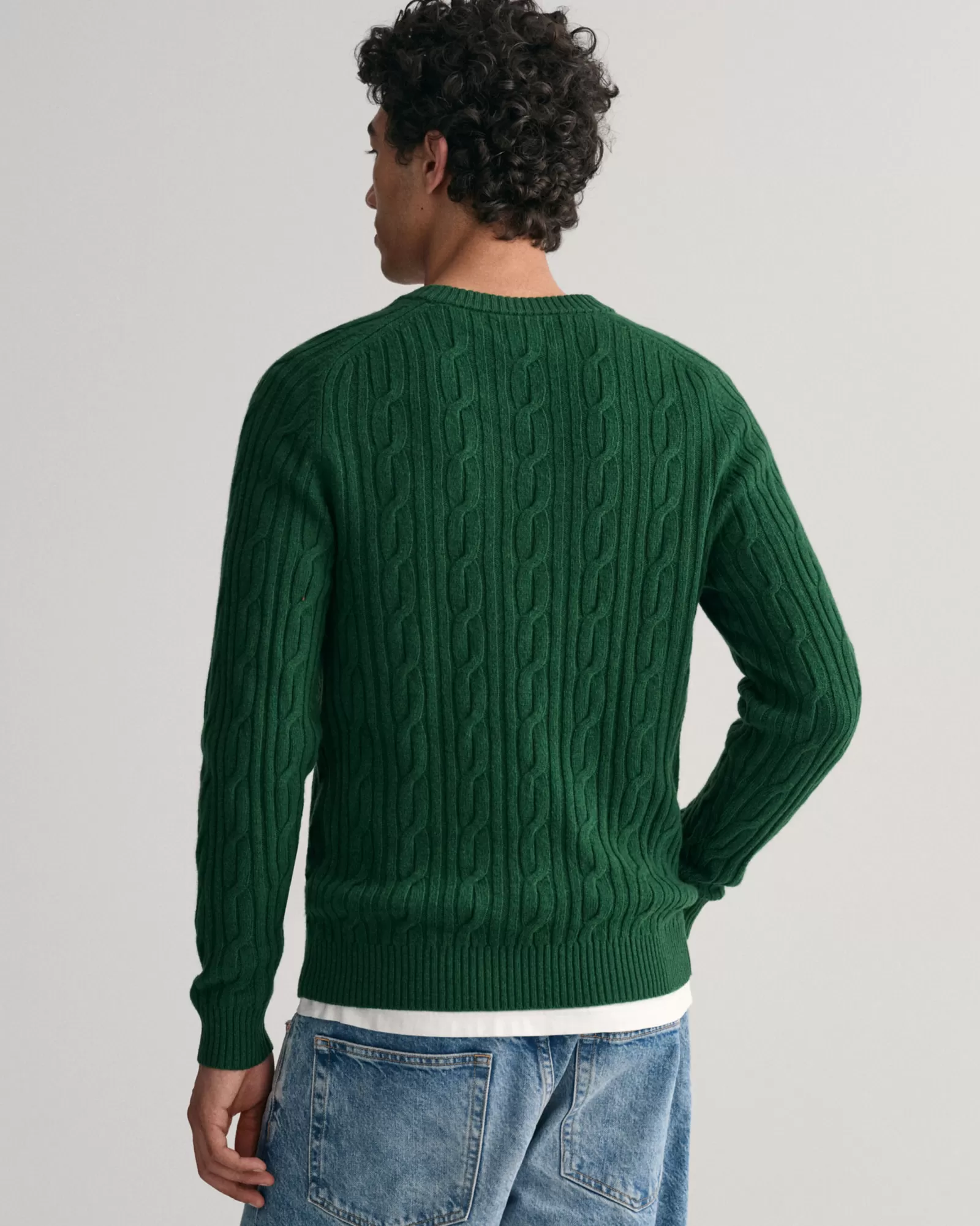 Men GANT Knitwear*Lambswool Cable Knit Crew Neck Sweater FOREST GREEN