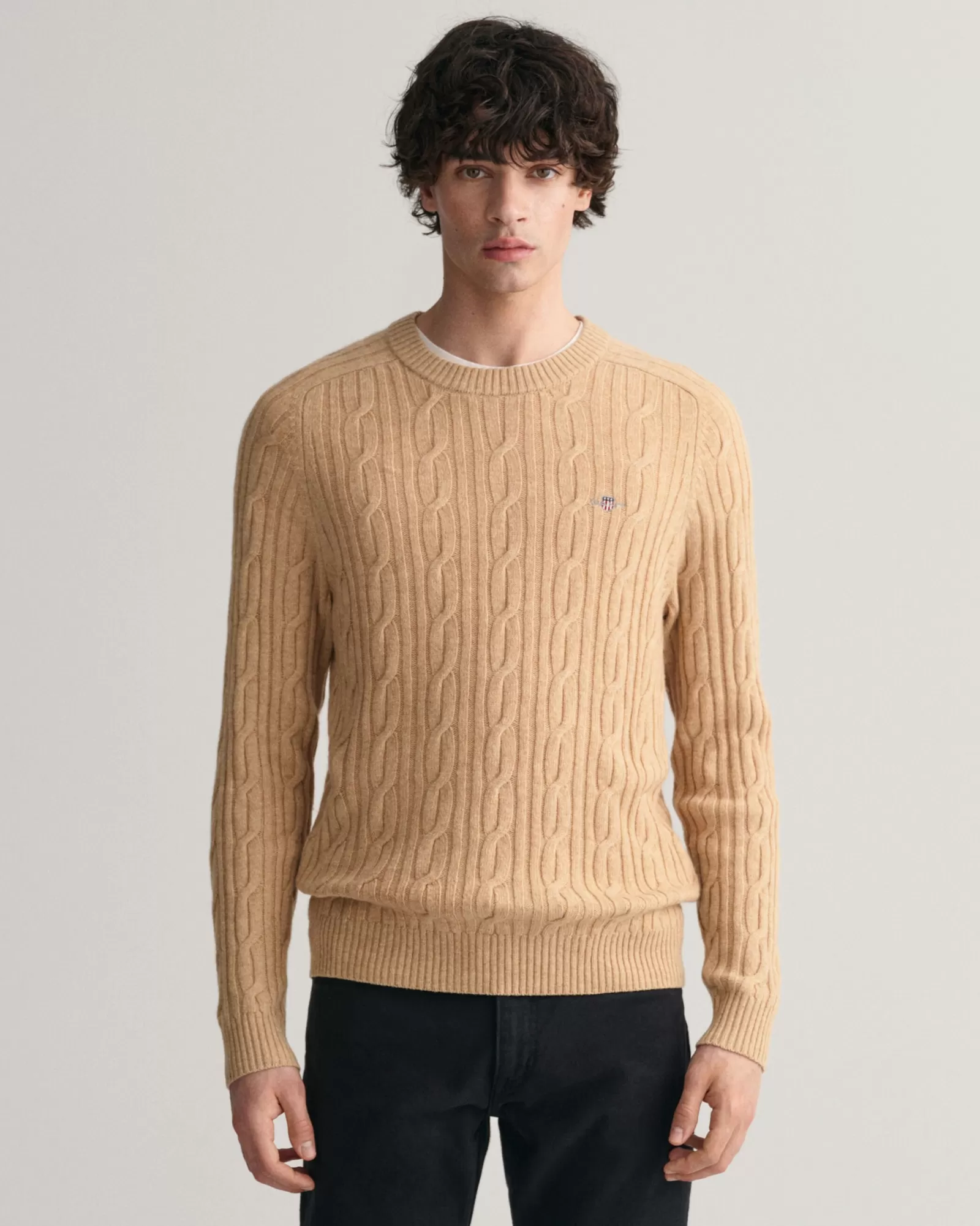 Men GANT Knitwear*Lambswool Cable Knit Crew Neck Sweater KHAKI MELANGE