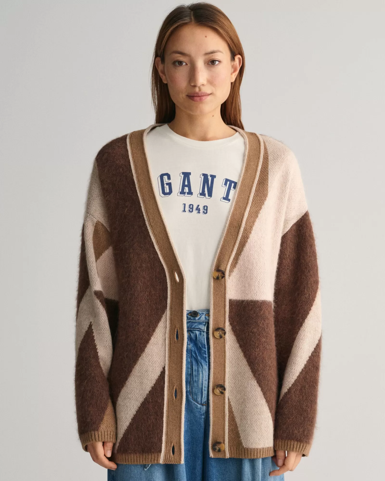 Women GANT Knitwear*Letters Print Intarsia Cardigan ROASTED WALNUT