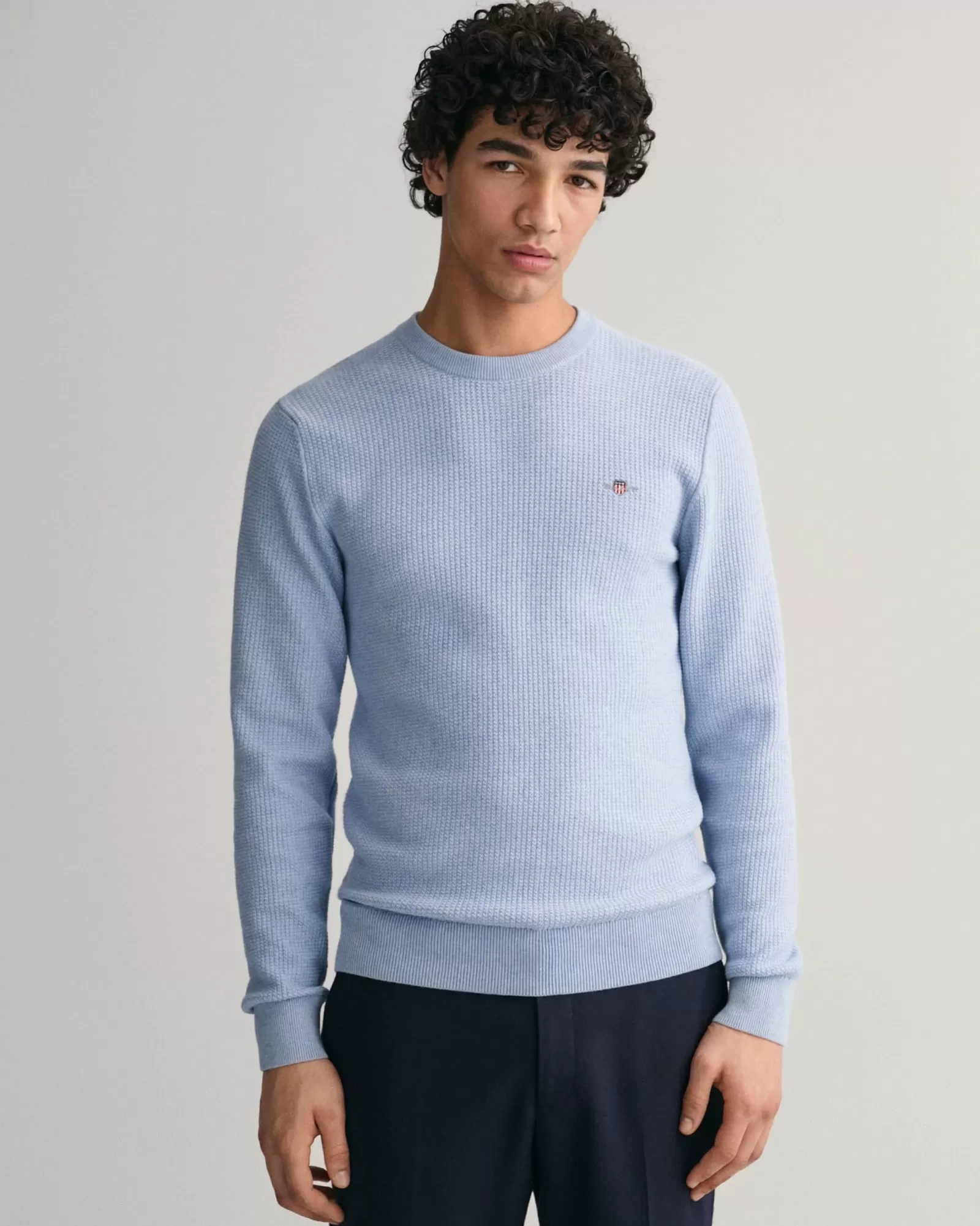 Men GANT Knitwear*Micro Cotton Textured Crew Neck Sweater LAKE BLUE MEL