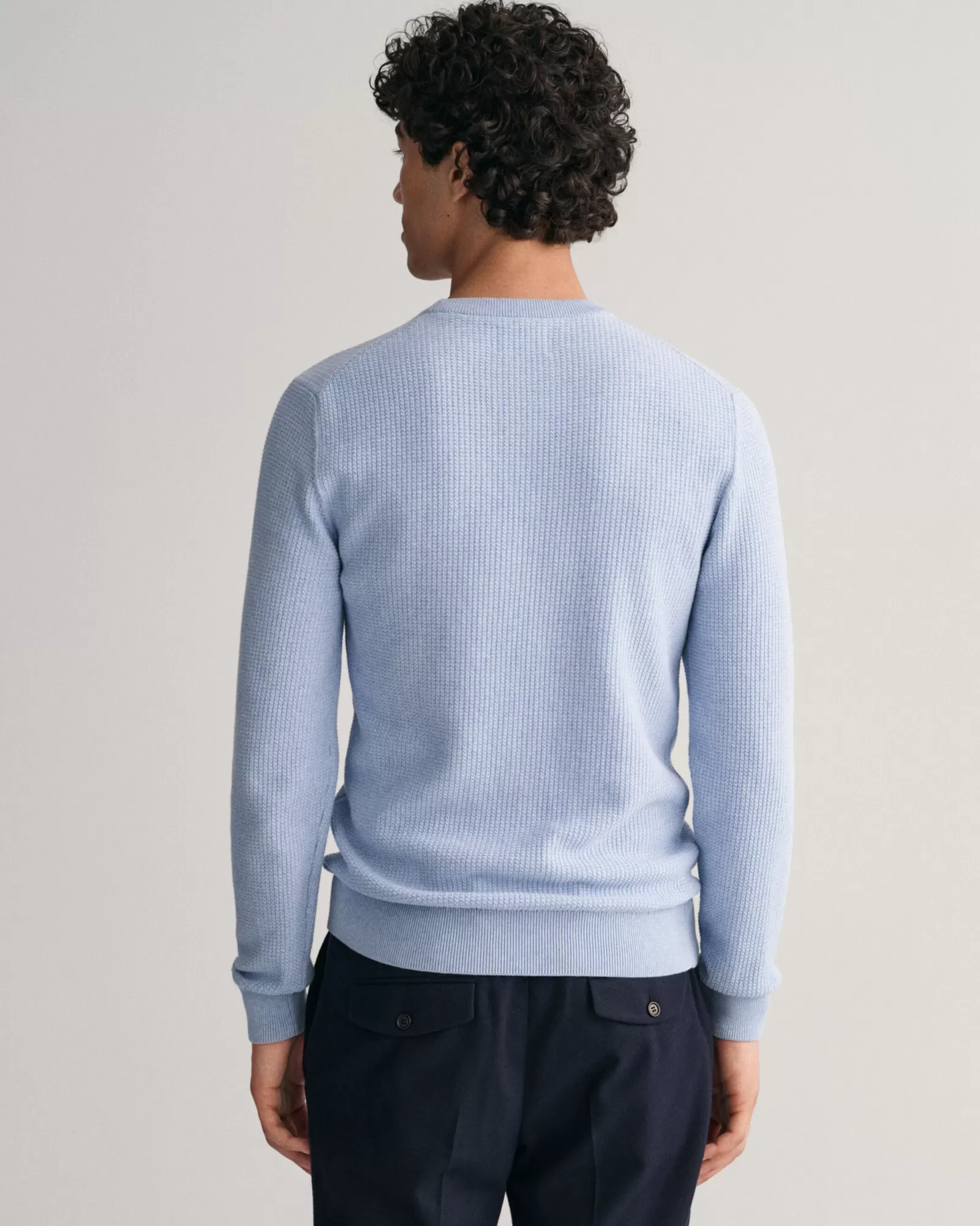 Men GANT Knitwear*Micro Cotton Textured Crew Neck Sweater LAKE BLUE MEL