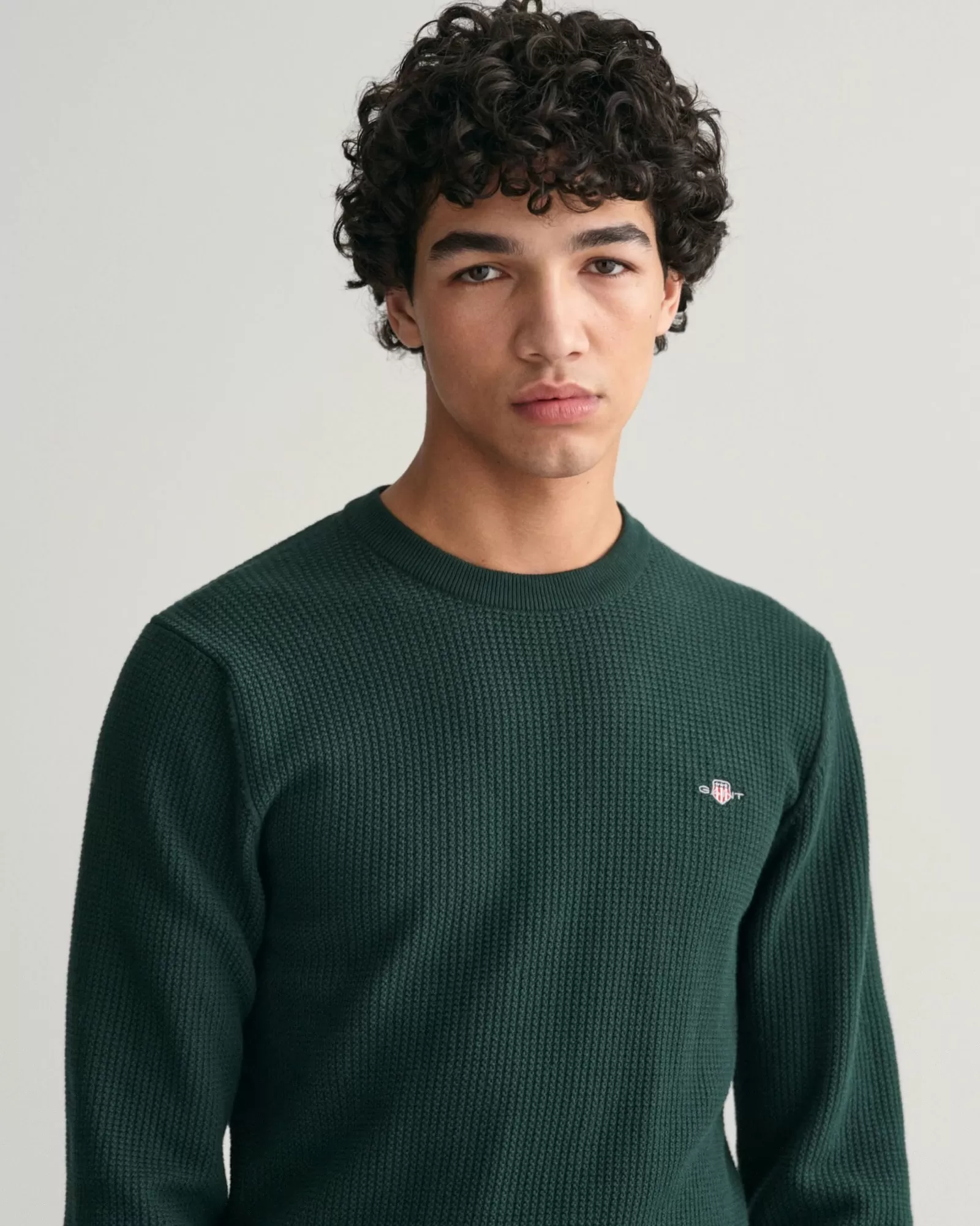 Men GANT Knitwear*Micro Cotton Textured Crew Neck Sweater TARTAN GREEN