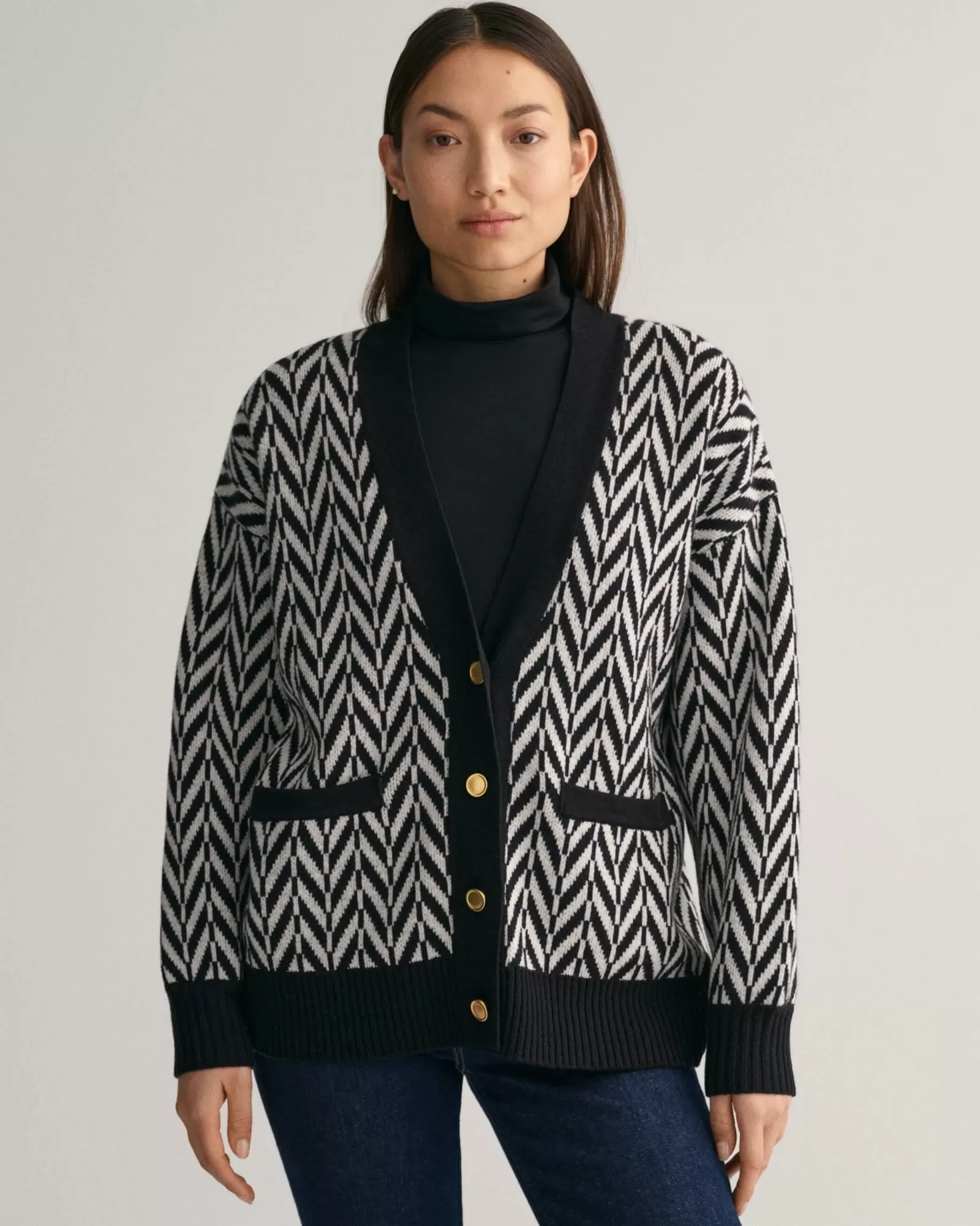 Women GANT Knitwear*Multicolored Herringbone Cardigan EBONY BLACK