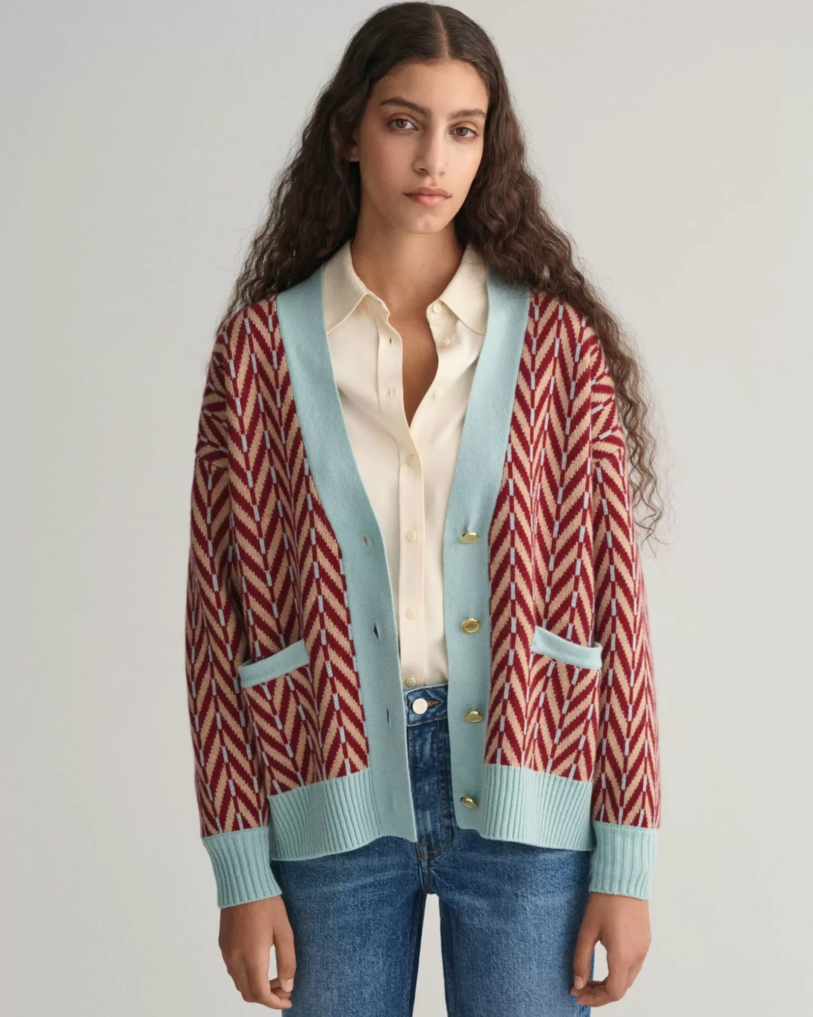 Women GANT Knitwear*Multicolored Herringbone Cardigan DUSTY TURQUOISE