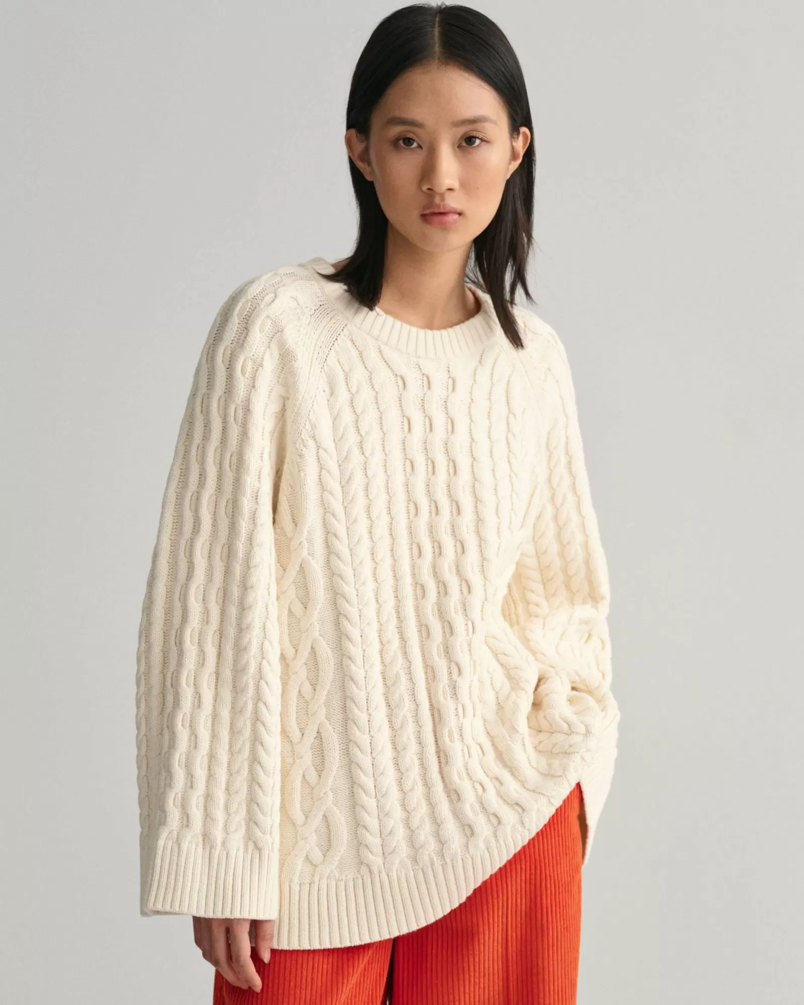 Women GANT Knitwear*Oversized Cable Knit Crew Neck Sweater CREAM