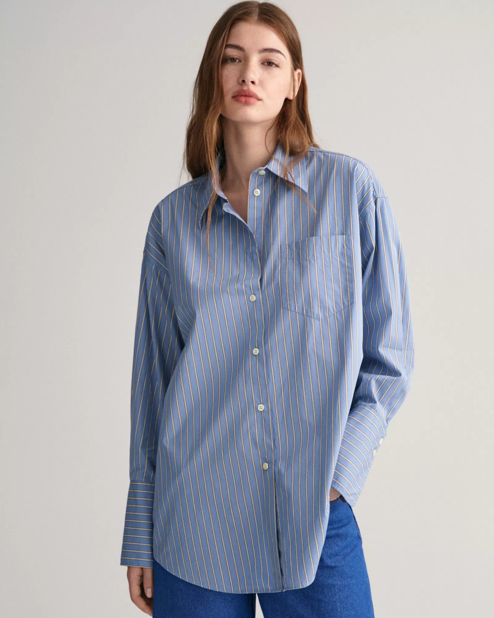 Women GANT Shirts*Oversized High Cuffs Striped Poplin Shirt WATERFALL BLUE