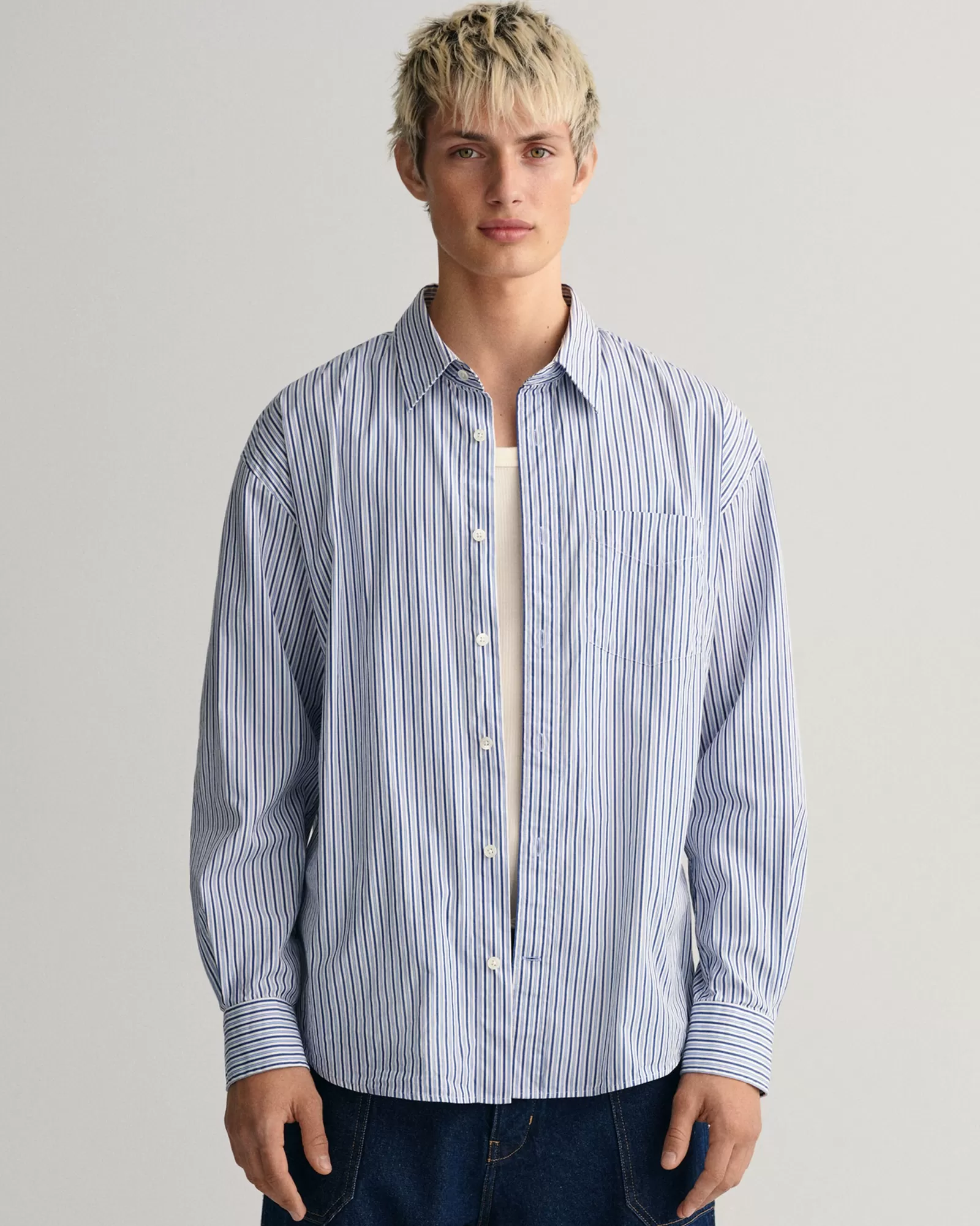 Men GANT Shirts*Oversized Striped Poplin Shirt COLLEGE BLUE