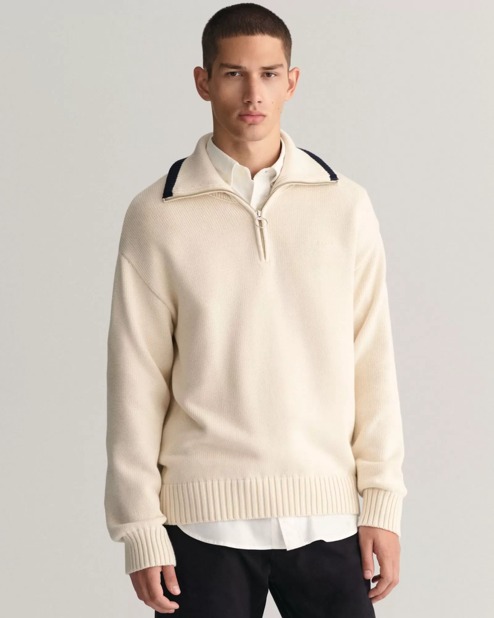 Men GANT Knitwear*Plain Cotton Half-Zip Sweater CREAM