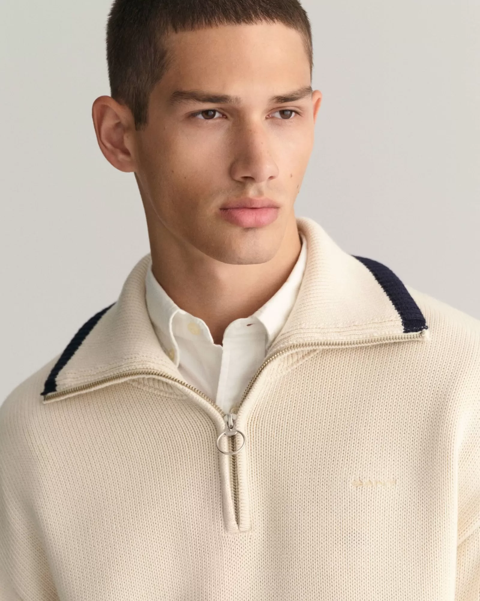 Men GANT Knitwear*Plain Cotton Half-Zip Sweater CREAM