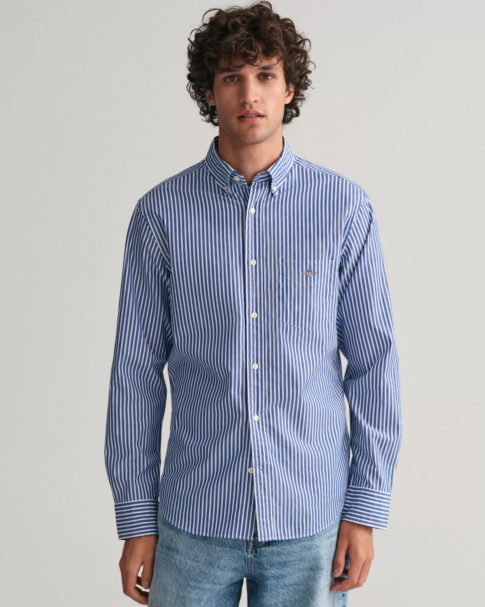 Men GANT Shirts*Regular Fit Striped Poplin Shirt COLLEGE BLUE