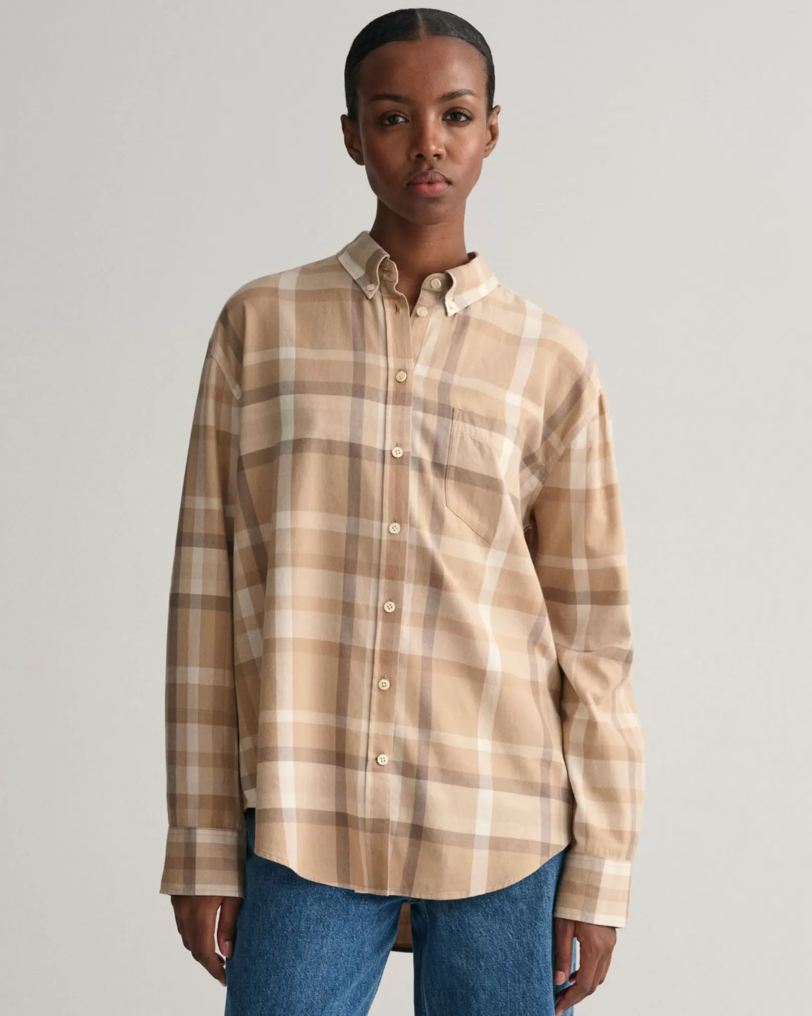 Women GANT Shirts*Relaxed Fit Checked Flannel Shirt DARK KHAKI