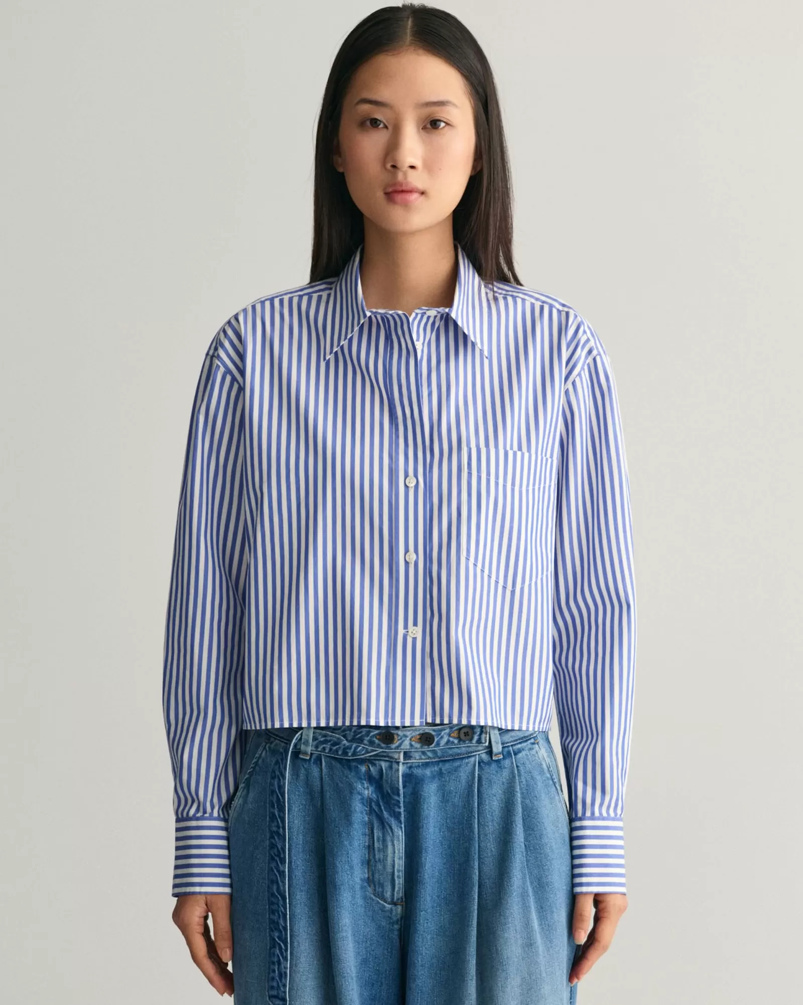 Women GANT Shirts*Relaxed Fit Cropped Striped Shirt COLLEGE BLUE