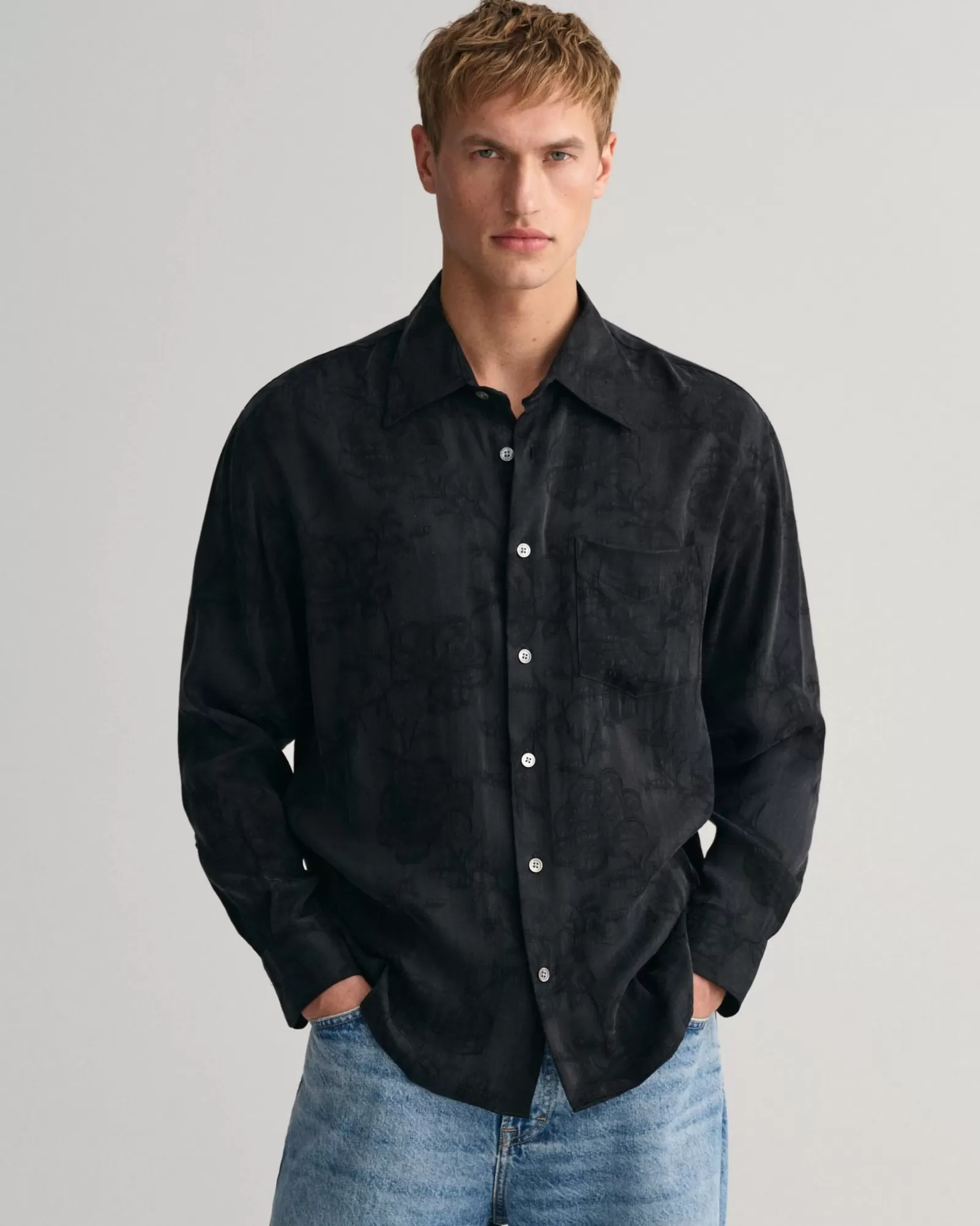 Men GANT Shirts*Relaxed Fit Jacquard Cupro Viscose Shirt BLACK