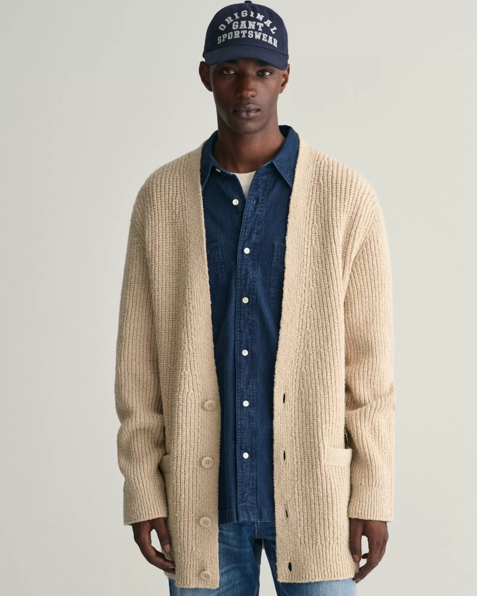 Men GANT Knitwear*Ribbed Bouclé Cardigan DRY SAND