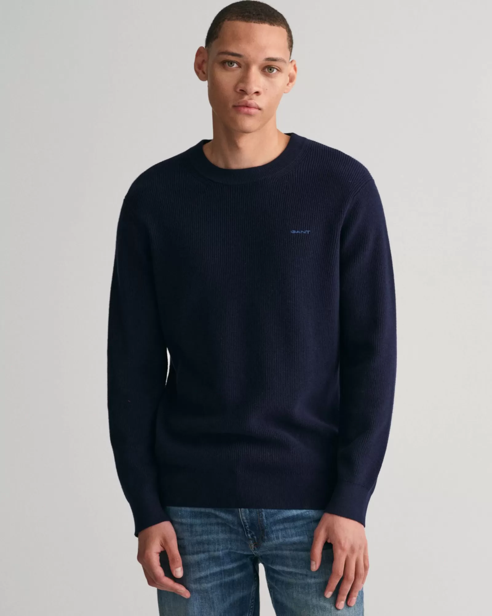 Men GANT Knitwear*Ribbed Cotton Wool Crew Neck Sweater EVENING BLUE