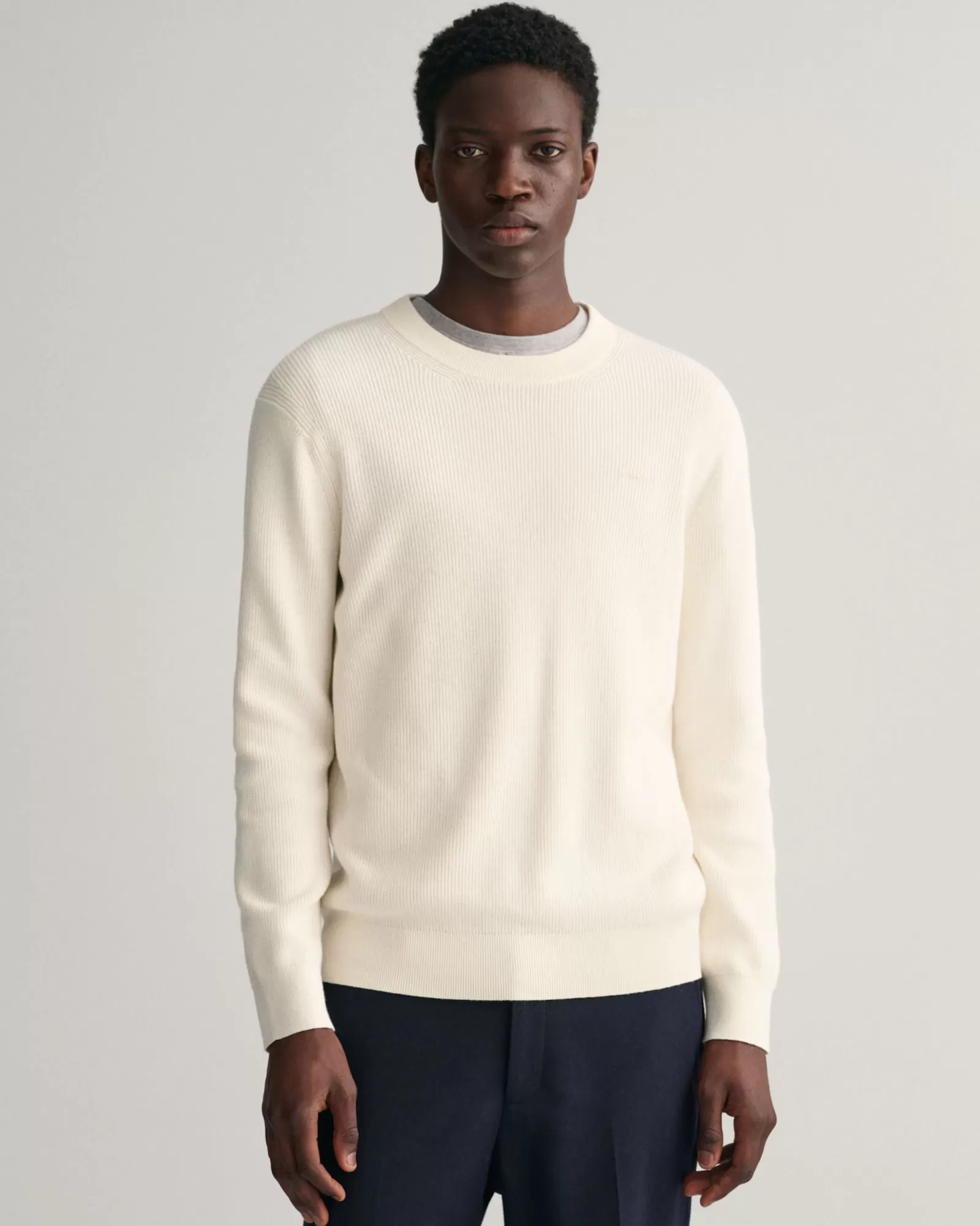 Men GANT Knitwear*Ribbed Cotton Wool Crew Neck Sweater CREAM