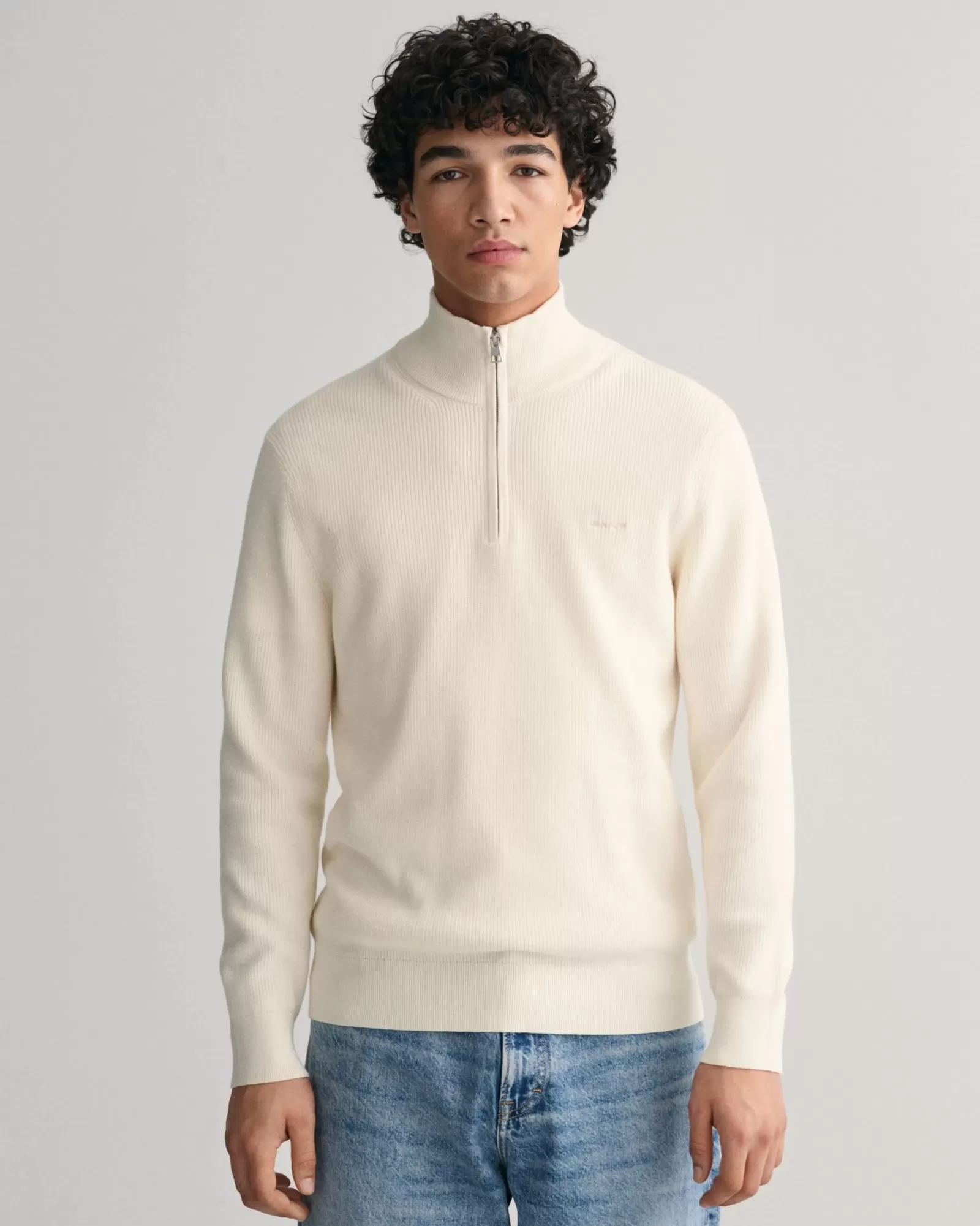 Men GANT Knitwear*Ribbed Cotton Wool Half-Zip Sweater CREAM