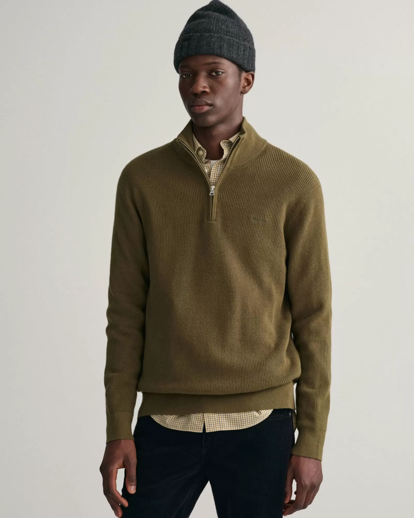 Men GANT Knitwear*Ribbed Cotton Wool Half-Zip Sweater DARK CACTUS