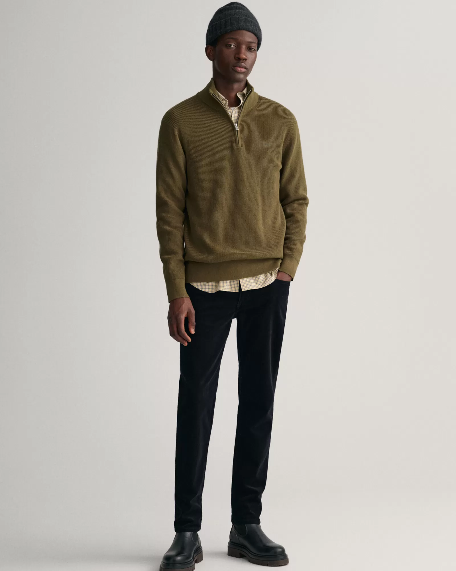 Men GANT Knitwear*Ribbed Cotton Wool Half-Zip Sweater DARK CACTUS