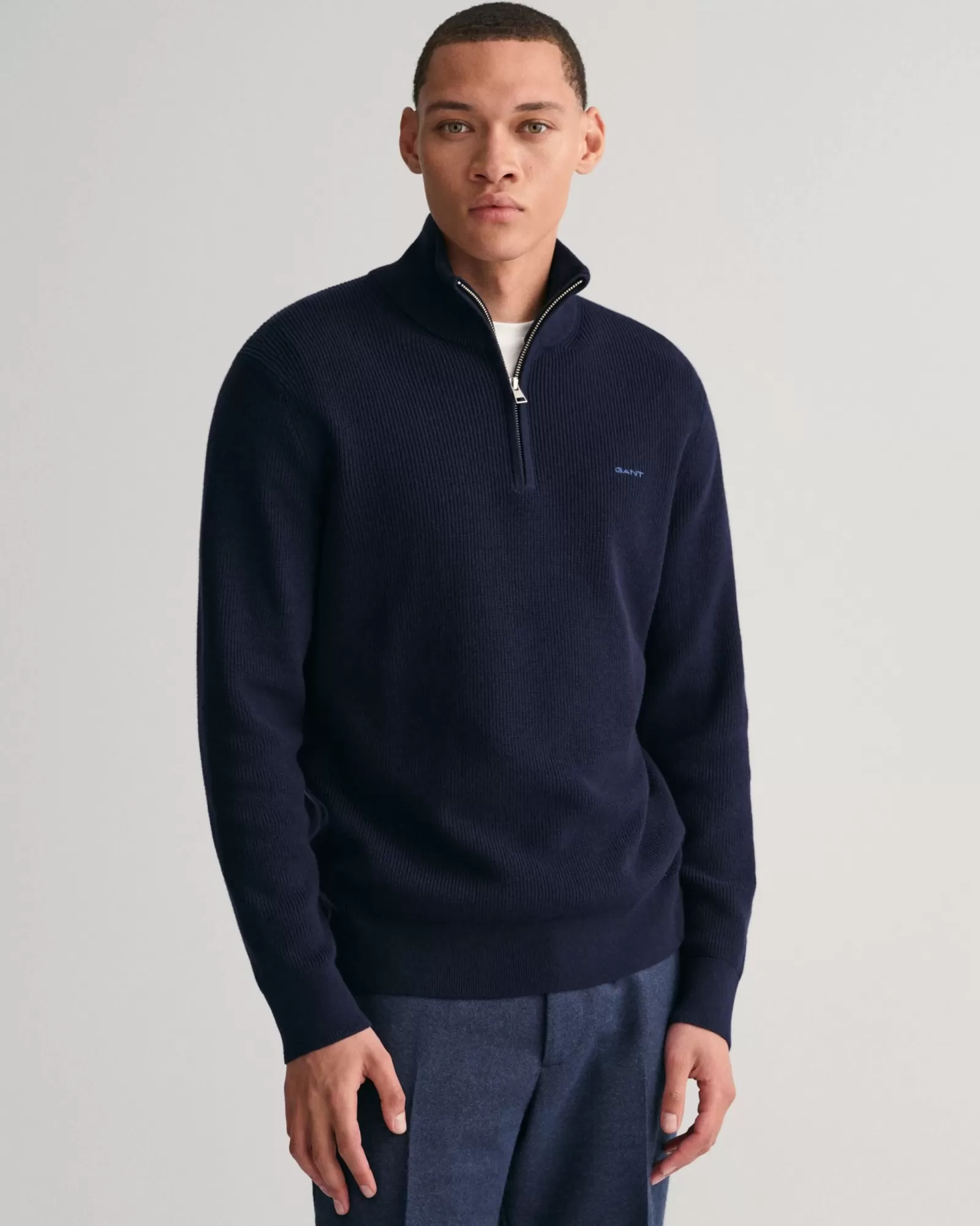 Men GANT Knitwear*Ribbed Cotton Wool Half-Zip Sweater EVENING BLUE