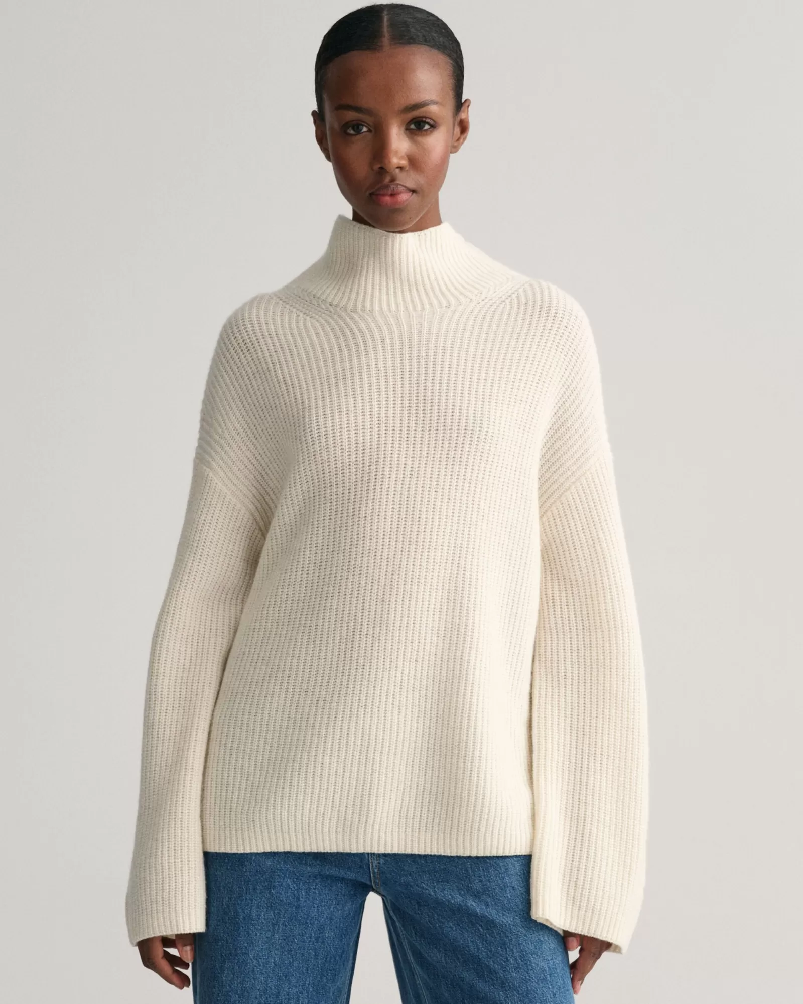 Women GANT Knitwear*Ribbed Wool Stand Collar Sweater CREAM