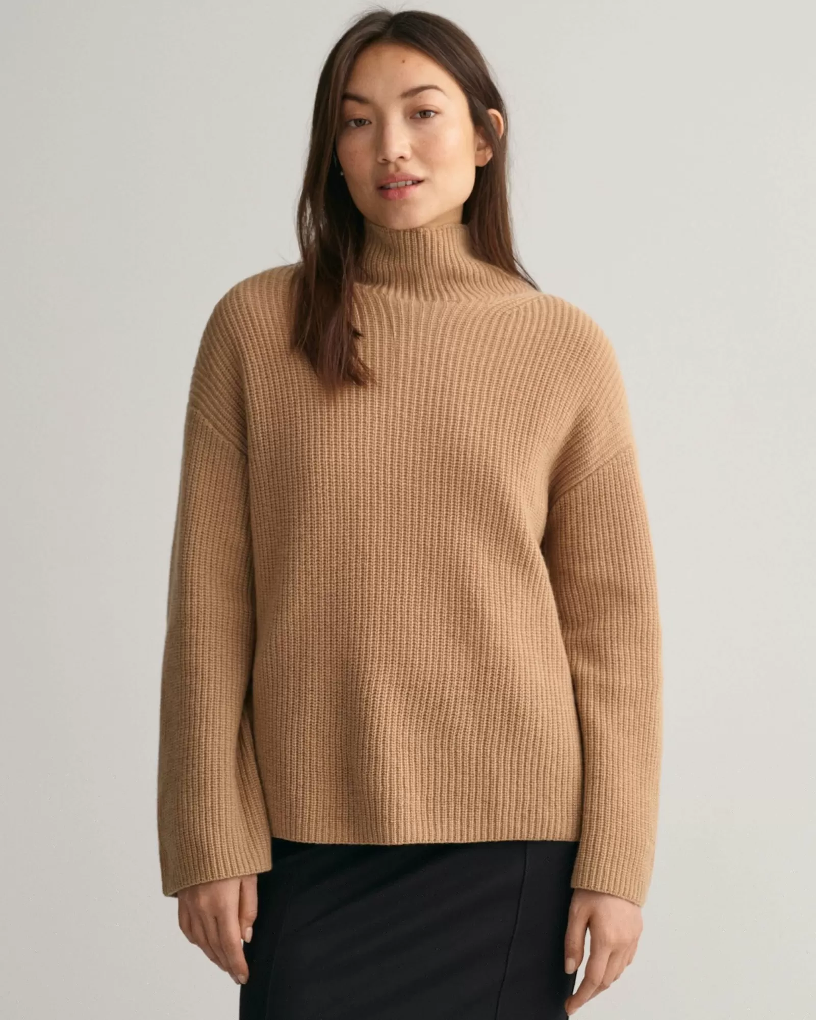 Women GANT Knitwear*Ribbed Wool Stand Collar Sweater DARK KHAKI