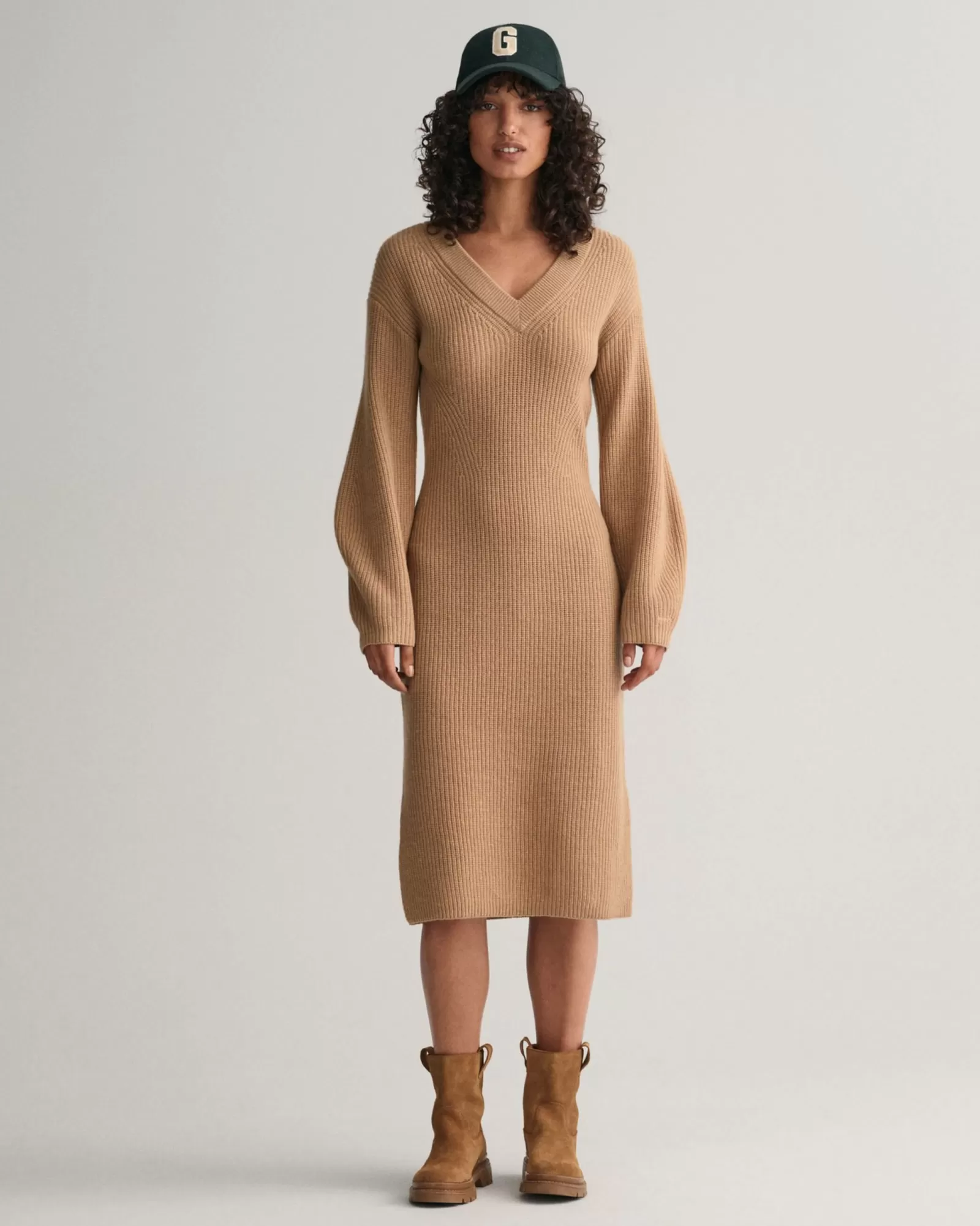 Women GANT Dresses*Ribbed Wool V-Neck Dress DARK KHAKI