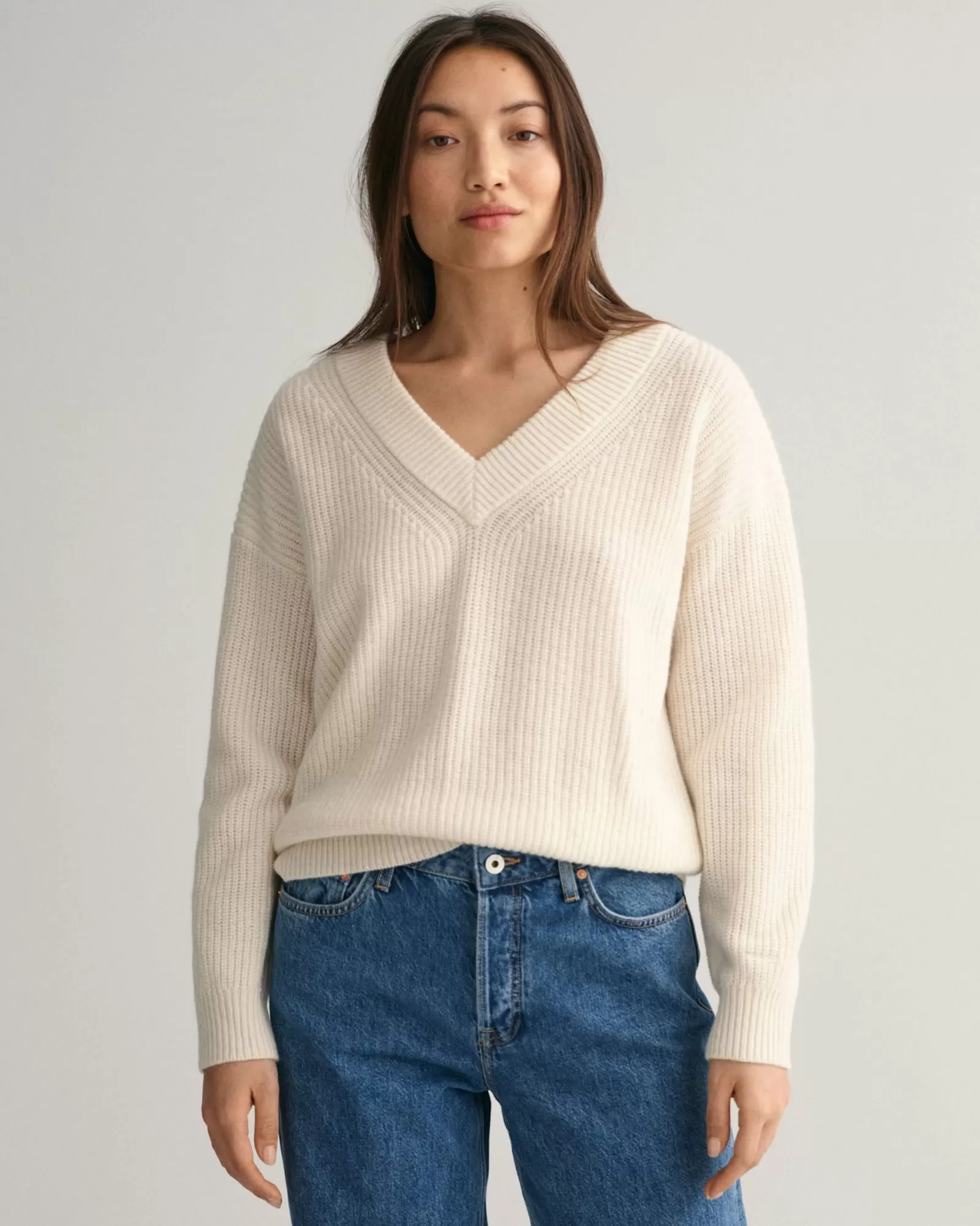 Women GANT Knitwear*Ribbed Wool V-Neck Sweater CREAM