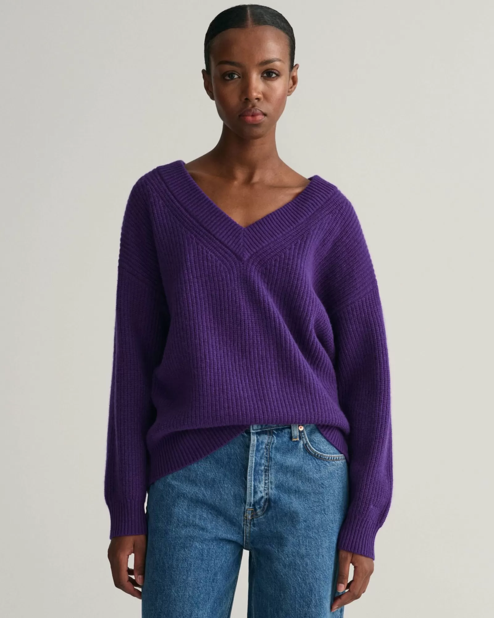 Women GANT Knitwear*Ribbed Wool V-Neck Sweater PANSY PURPLE