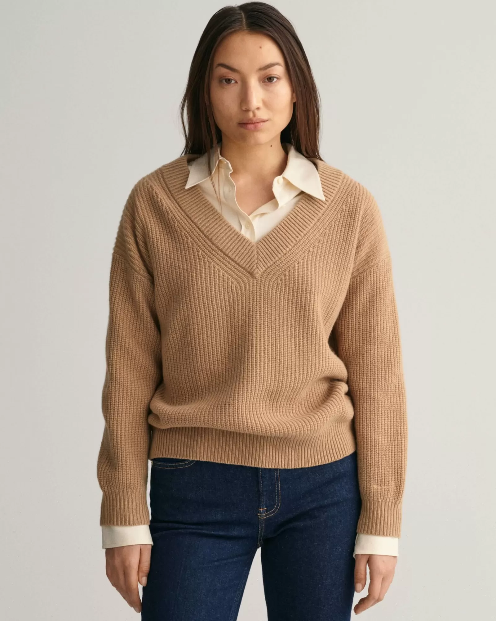 Women GANT Knitwear*Ribbed Wool V-Neck Sweater DARK KHAKI