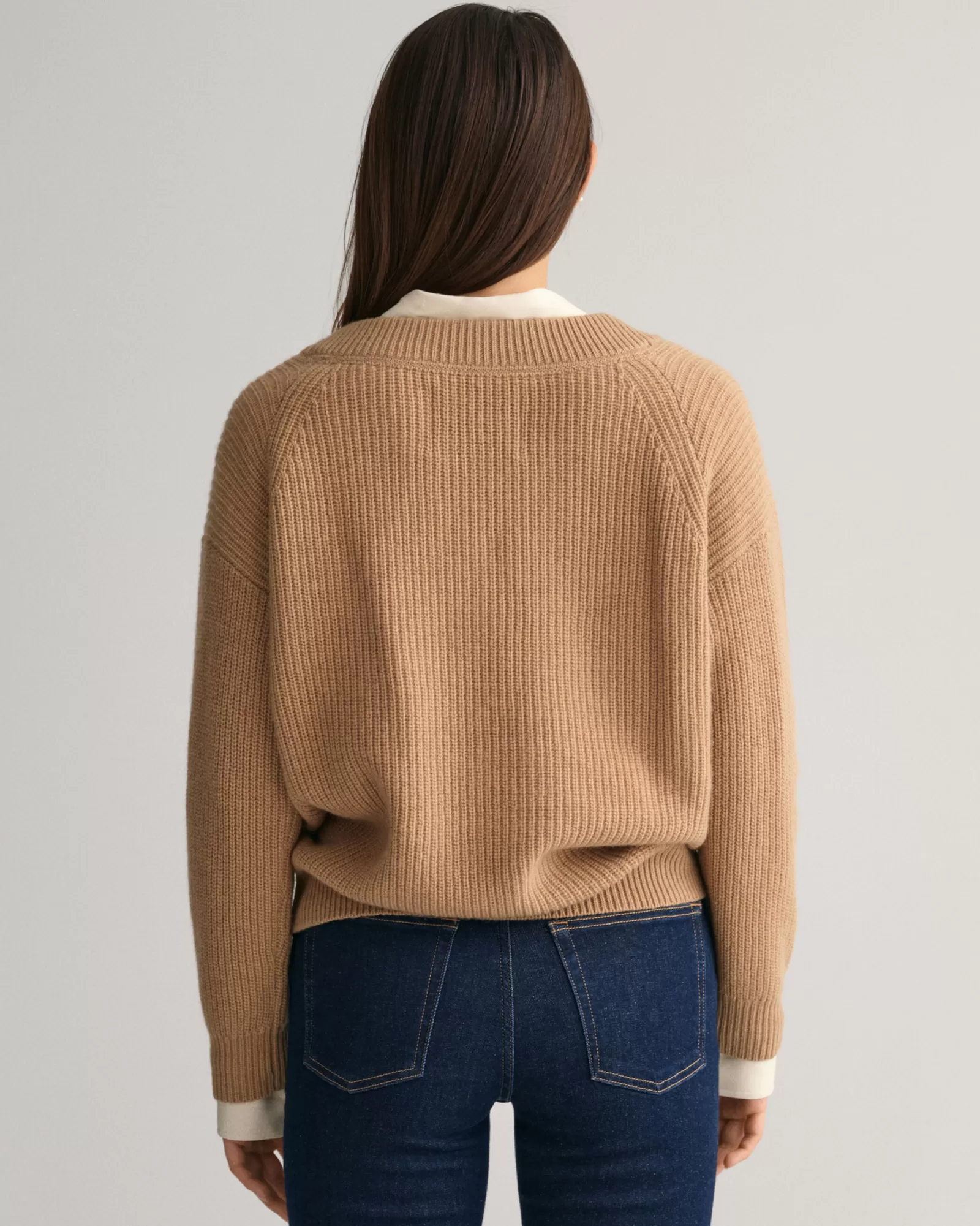 Women GANT Knitwear*Ribbed Wool V-Neck Sweater DARK KHAKI