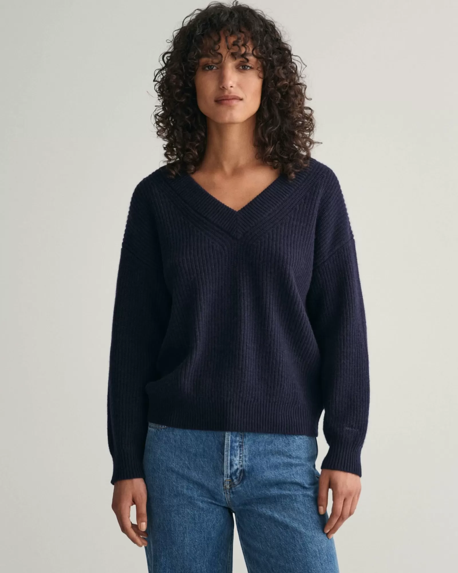 Women GANT Knitwear*Ribbed Wool V-Neck Sweater EVENING BLUE