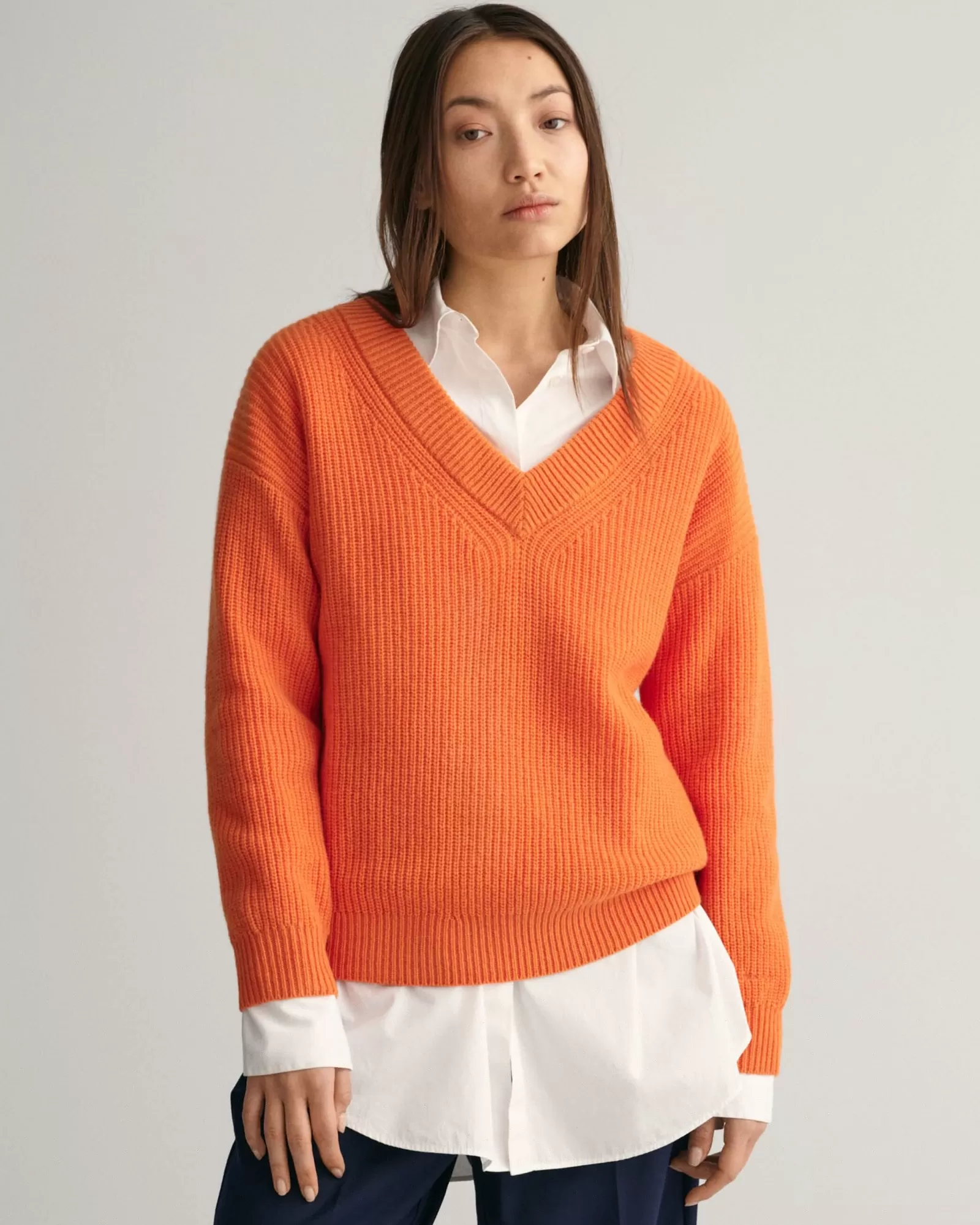 Women GANT Knitwear*Ribbed Wool V-Neck Sweater PUMPKIN ORANGE