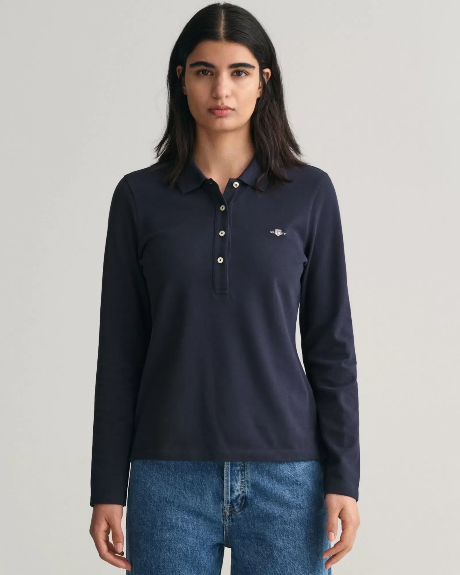 Women GANT Polos & Ruggers*Shield Long Sleeve Piqué Polo Shirt EVENING BLUE