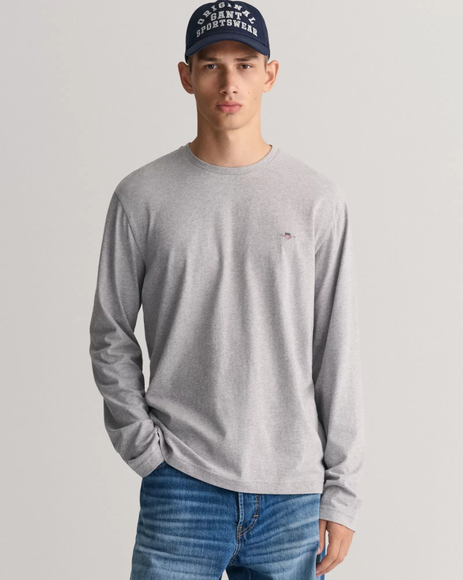 Men GANT T-Shirts*Shield Long Sleeve T-Shirt GREY MELANGE