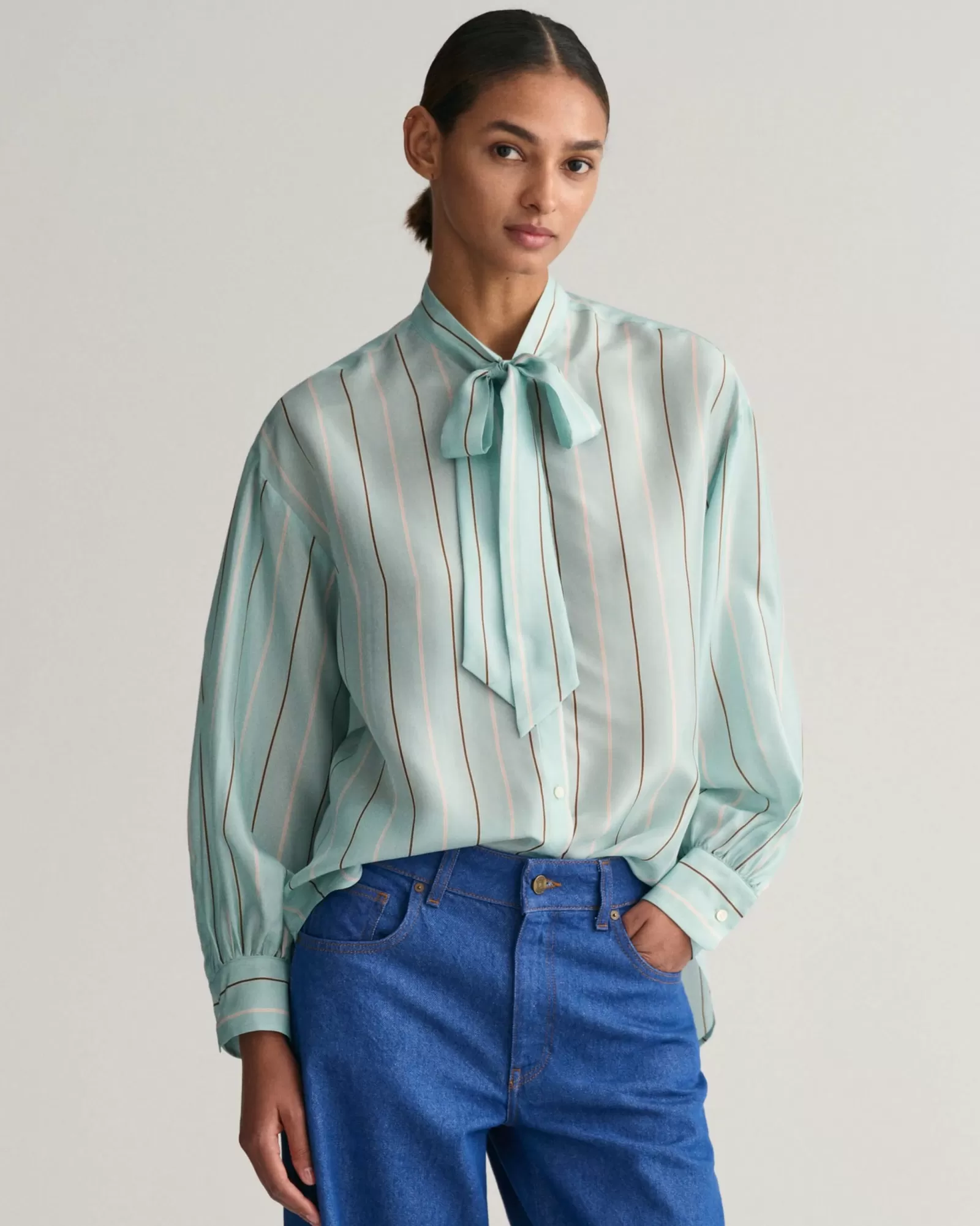 Women GANT Shirts*Silk Striped Bow Blouse DUSTY TURQUOISE