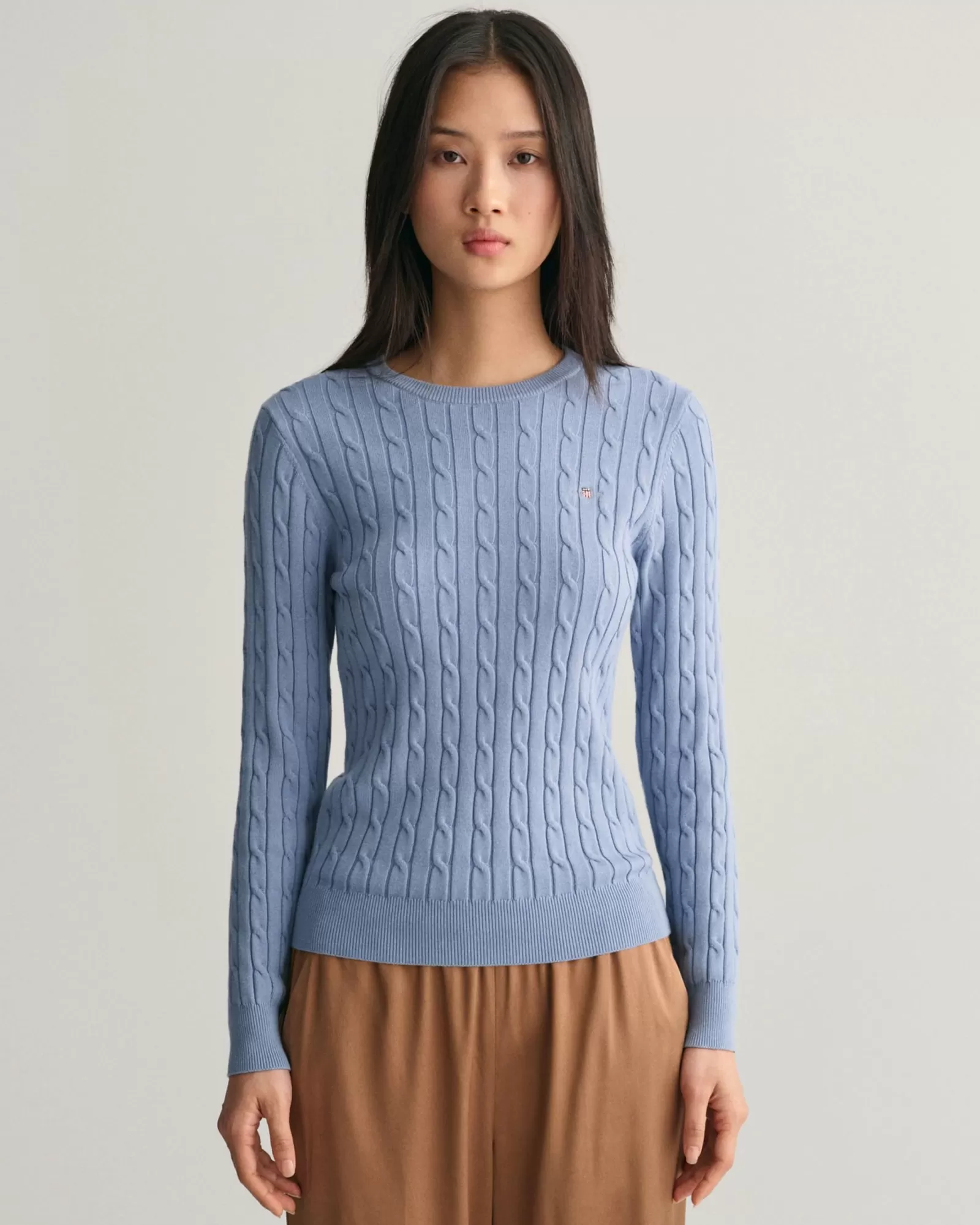 Women GANT Knitwear*Stretch Cotton Cable Knit Crew Neck Sweater CRYSTAL BLUE